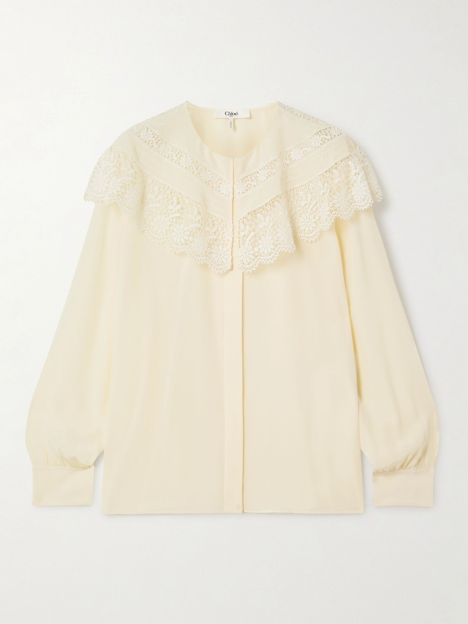 Lace-trimmed organic silk crepe de chine blouse Cream - 1