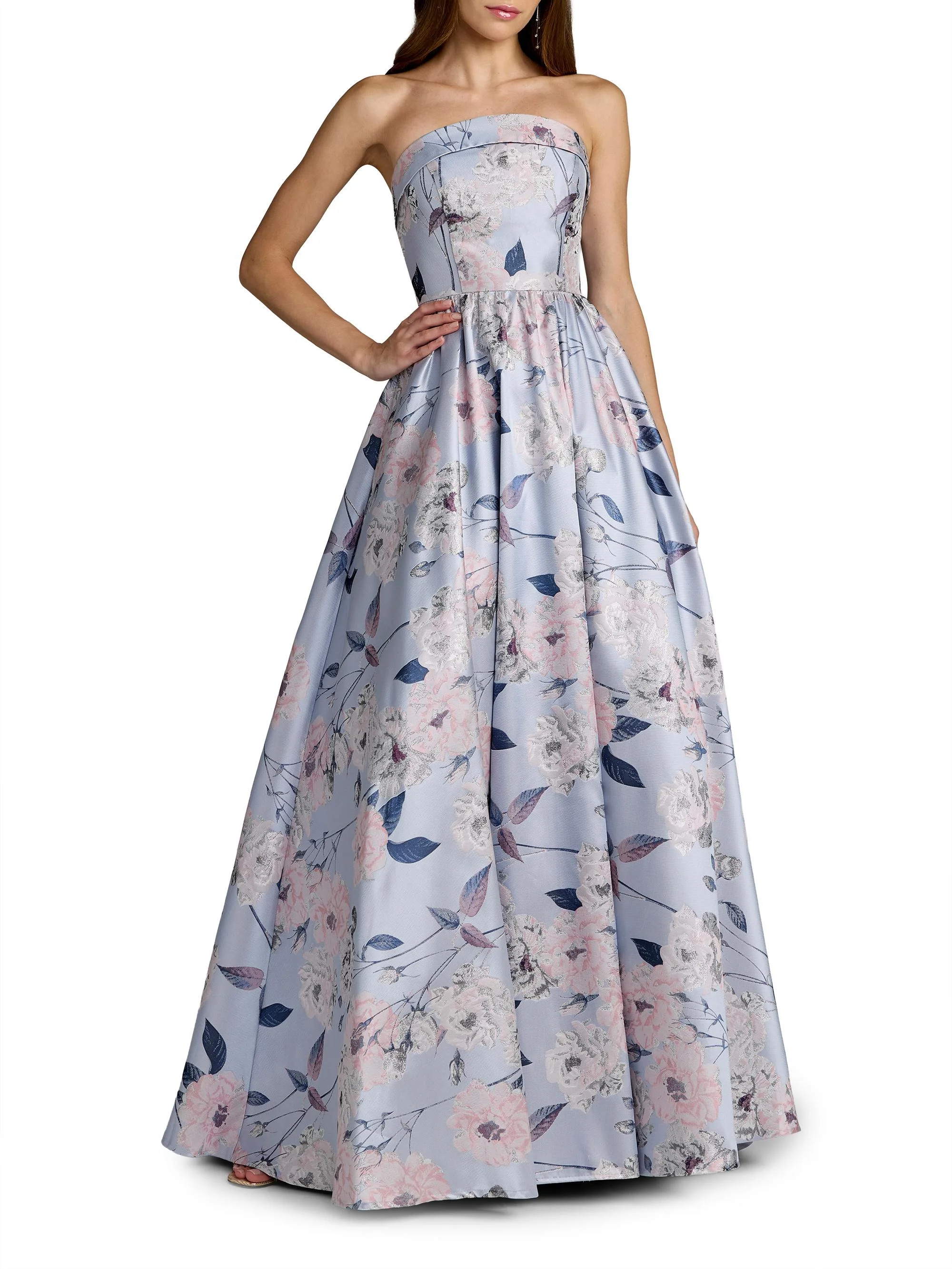 Women's Floral Brocade Strapless Ball Gown - Blue Multi - 1