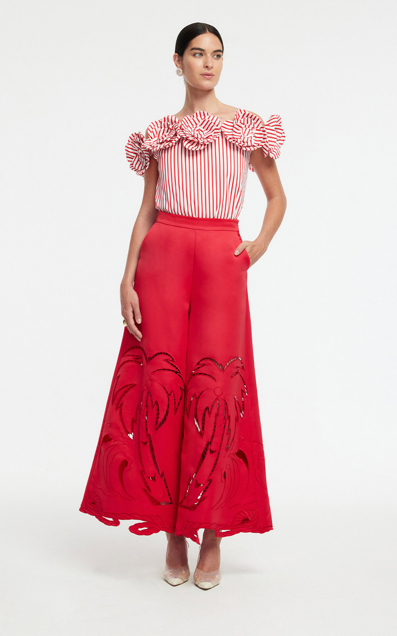 Theodora Appliquéd Wide-Leg Pants red 6