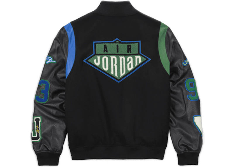 Jordan Jordan x Aleali May Varsity Jacket Black Game Royal Pine Green outlook
