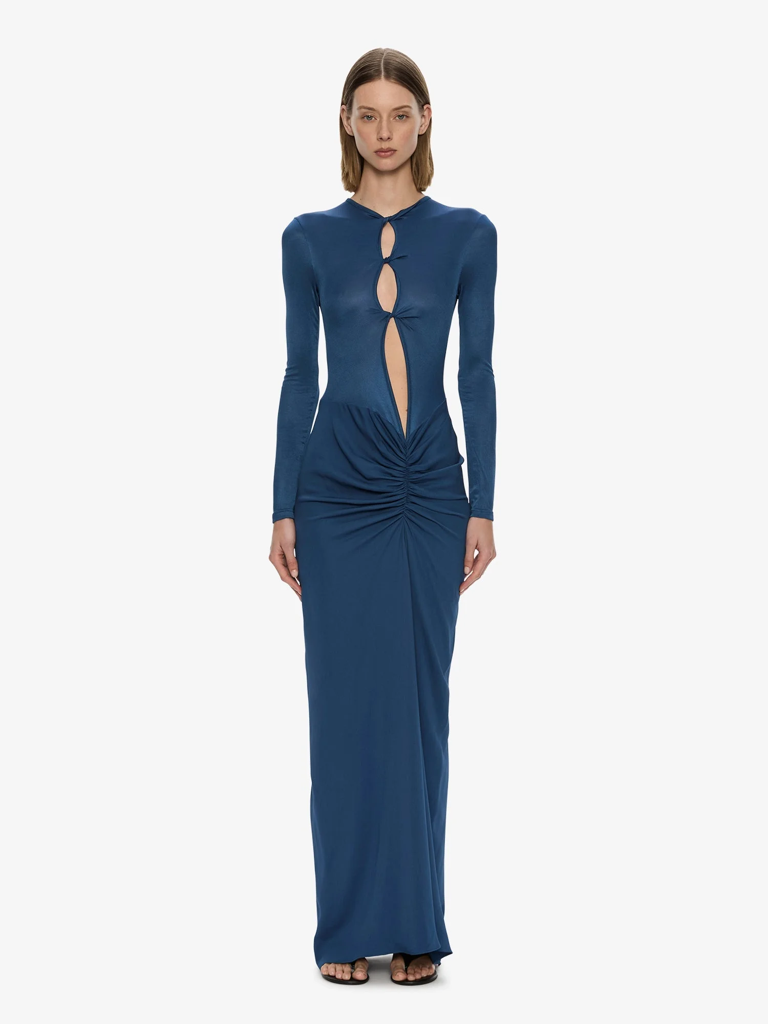 Open Twist Ruched Long Sleeve Dress - 1