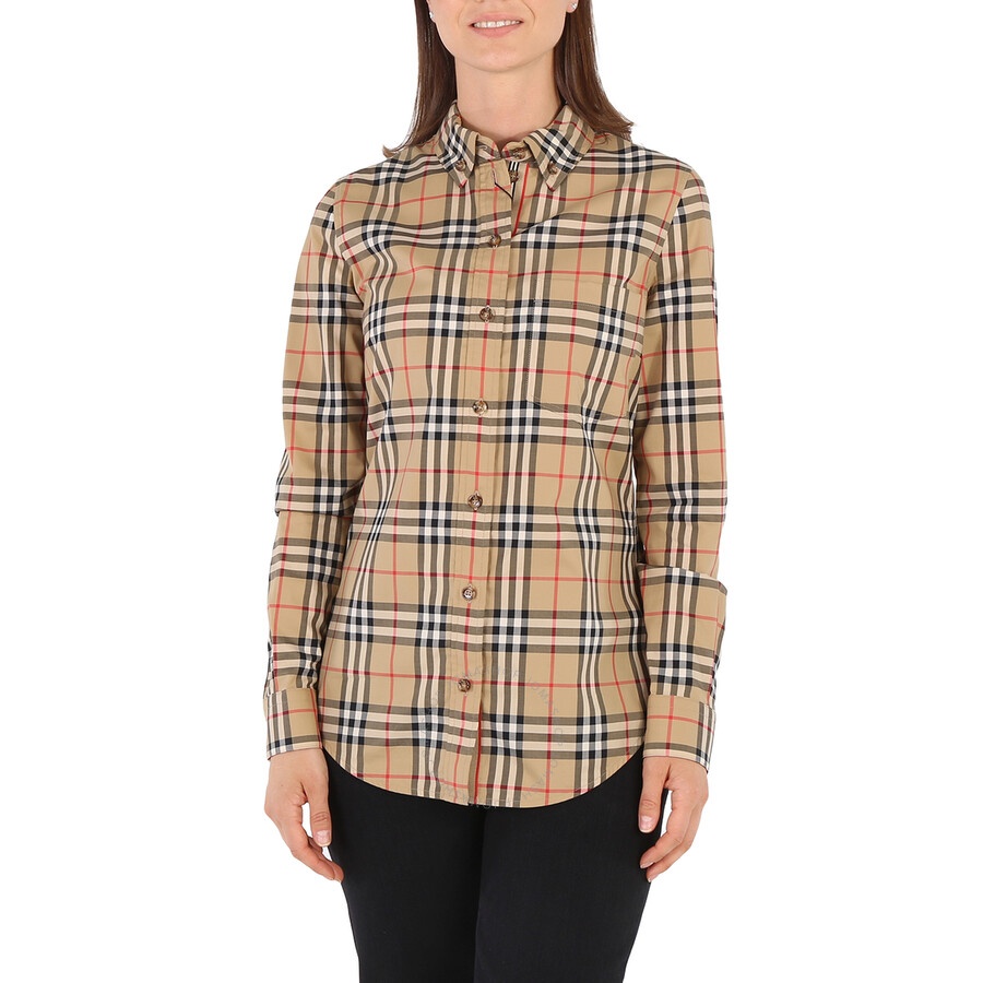 Burberry Ladies Vintage Check Stretch Cotton Button-down Collar Shirt - 1