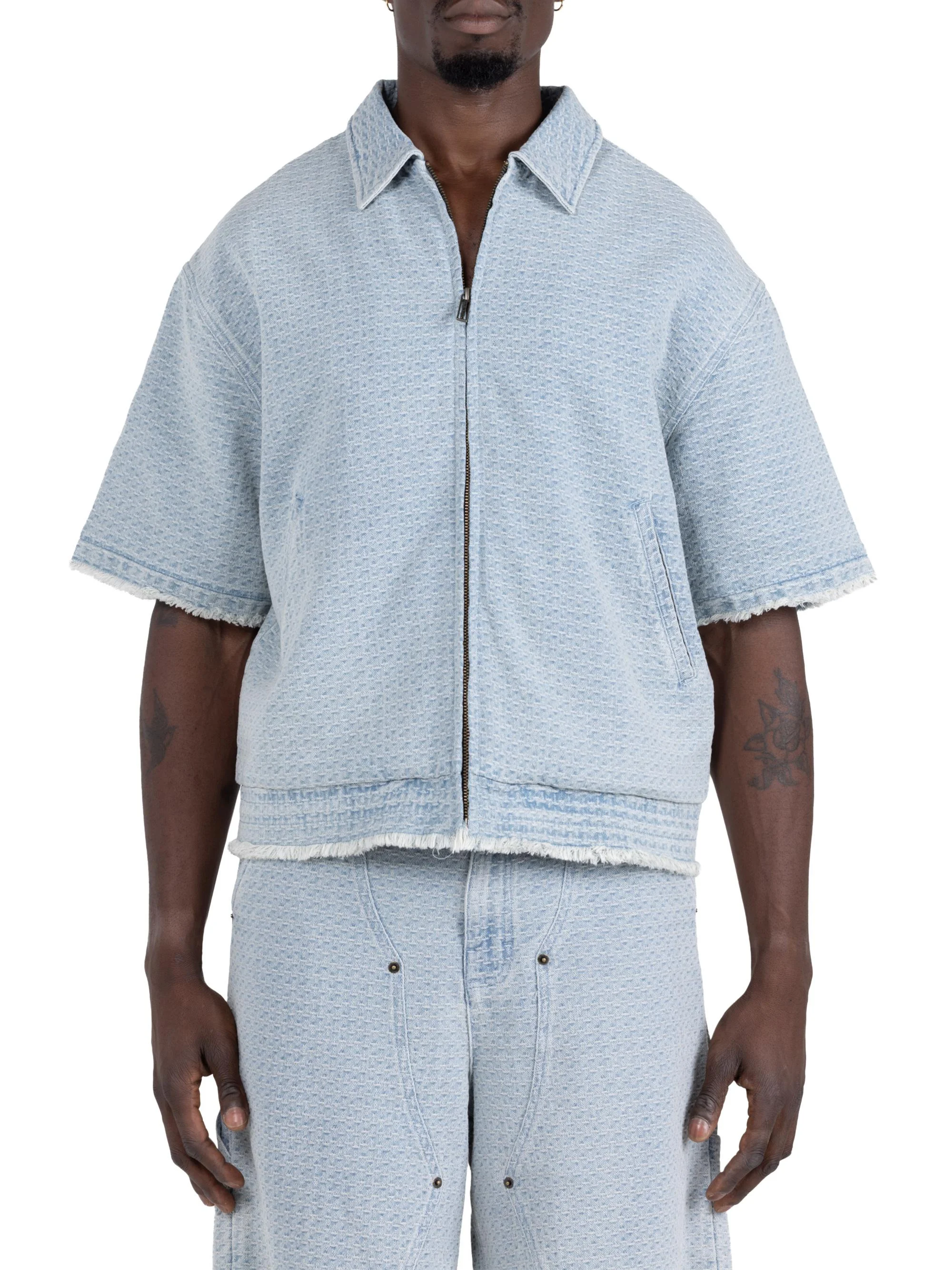 Men's Drop Shoulder Cotton Denim Shirt - Light Indigo - 1