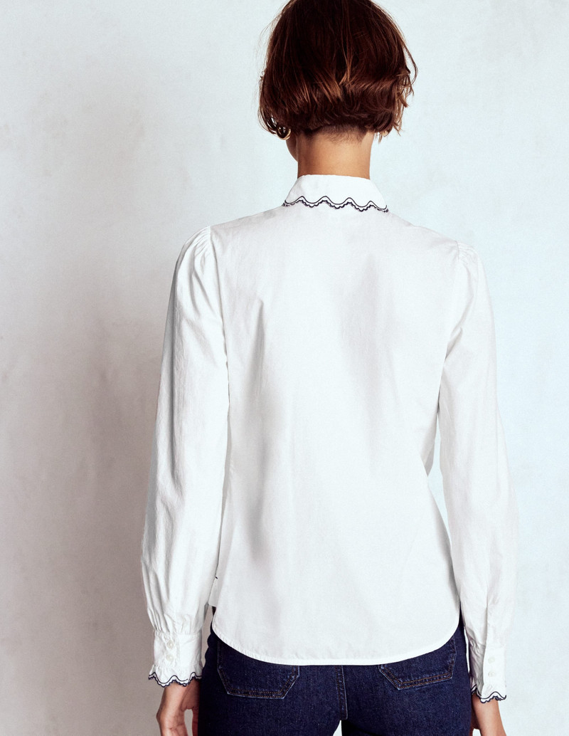 Embroidered Cotton Shirt-White, Navy Embroidery 4