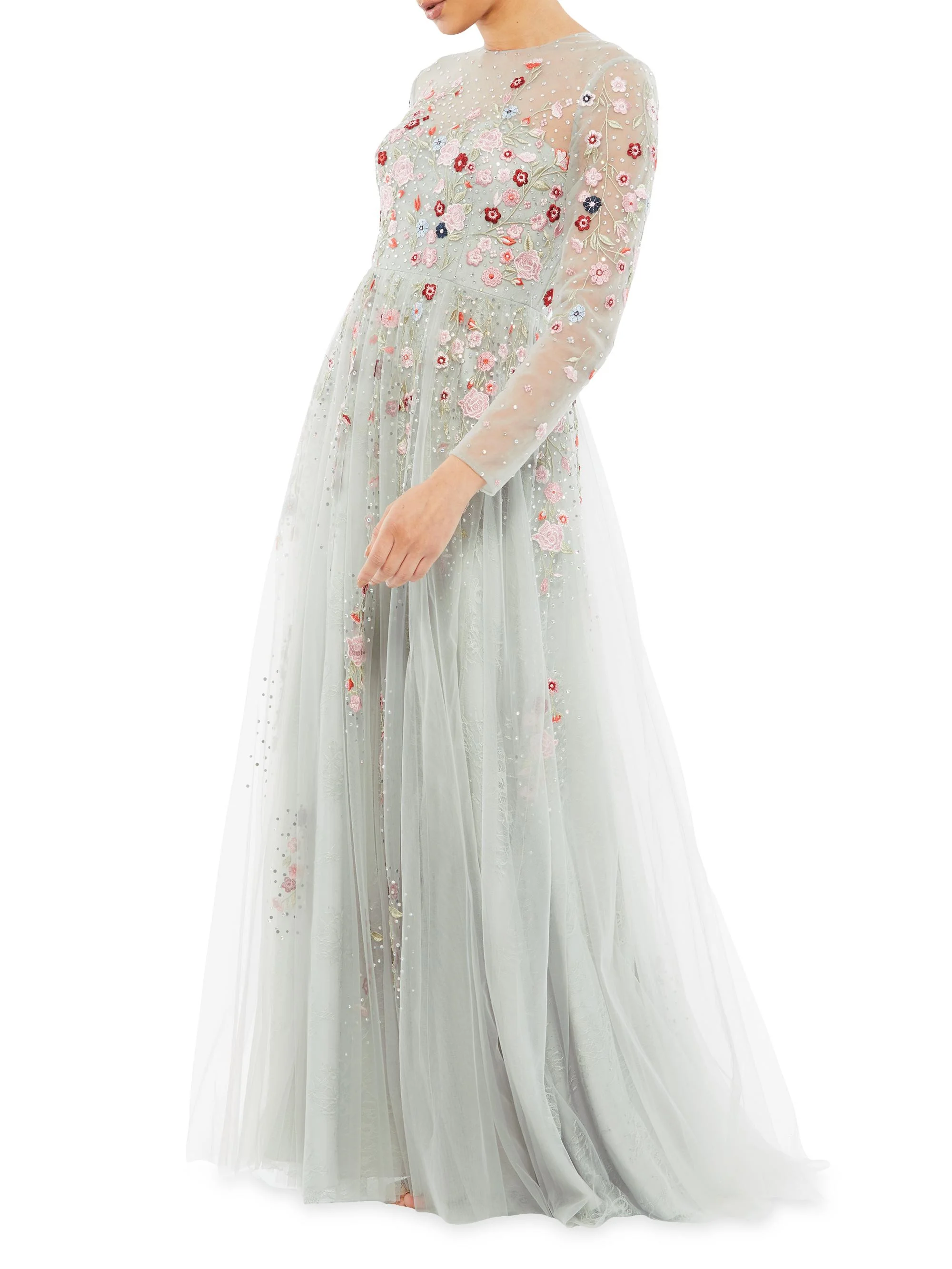 Women's Long-Sleeve Floral Applique Tulle Gown - Platinum Multi - 1