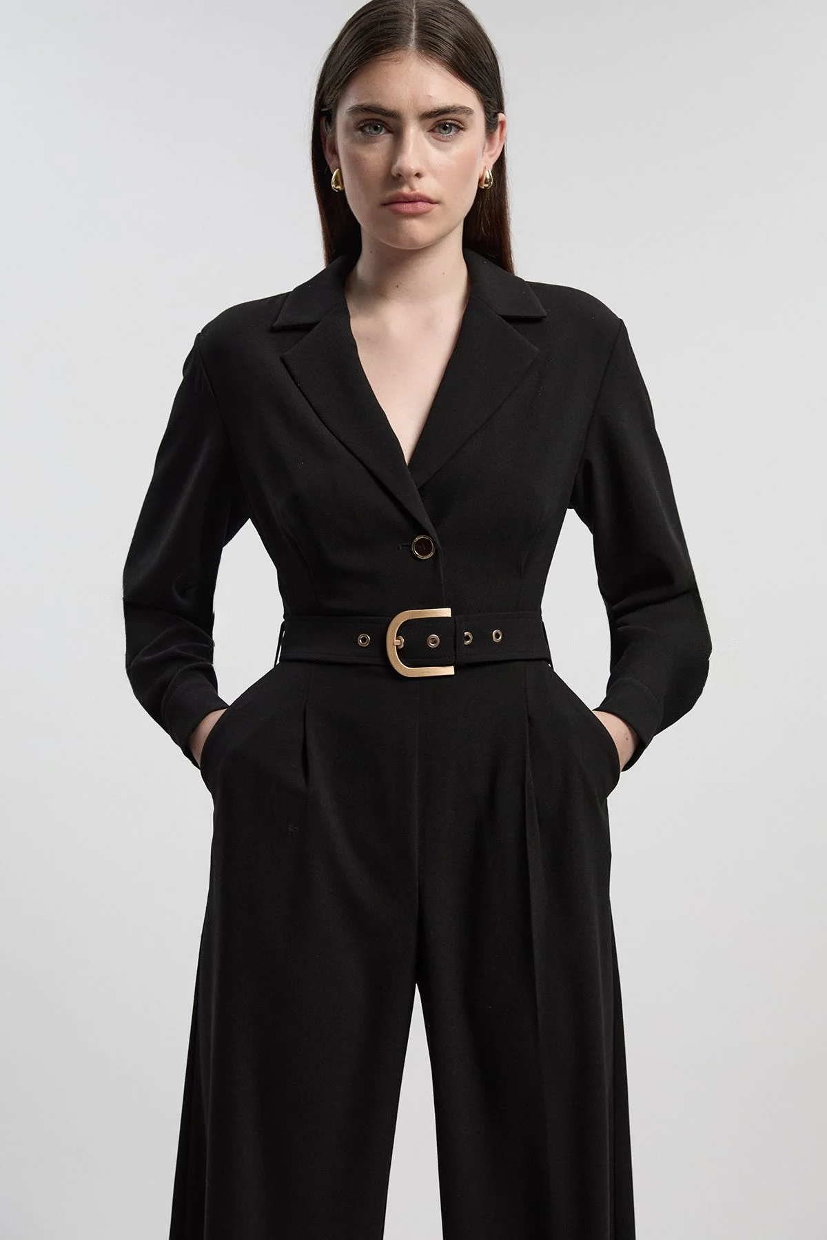 Petite Tailored Crepe Belted Wide Leg Jumpsuit - 1