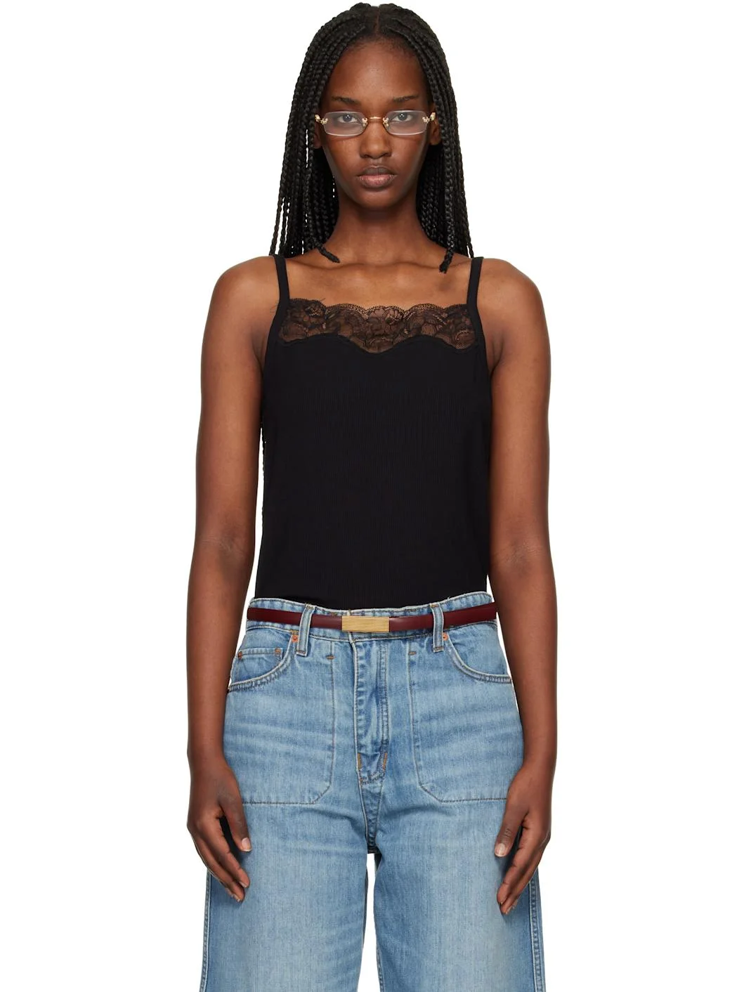 Black Lace Ribbed Camisole - 1