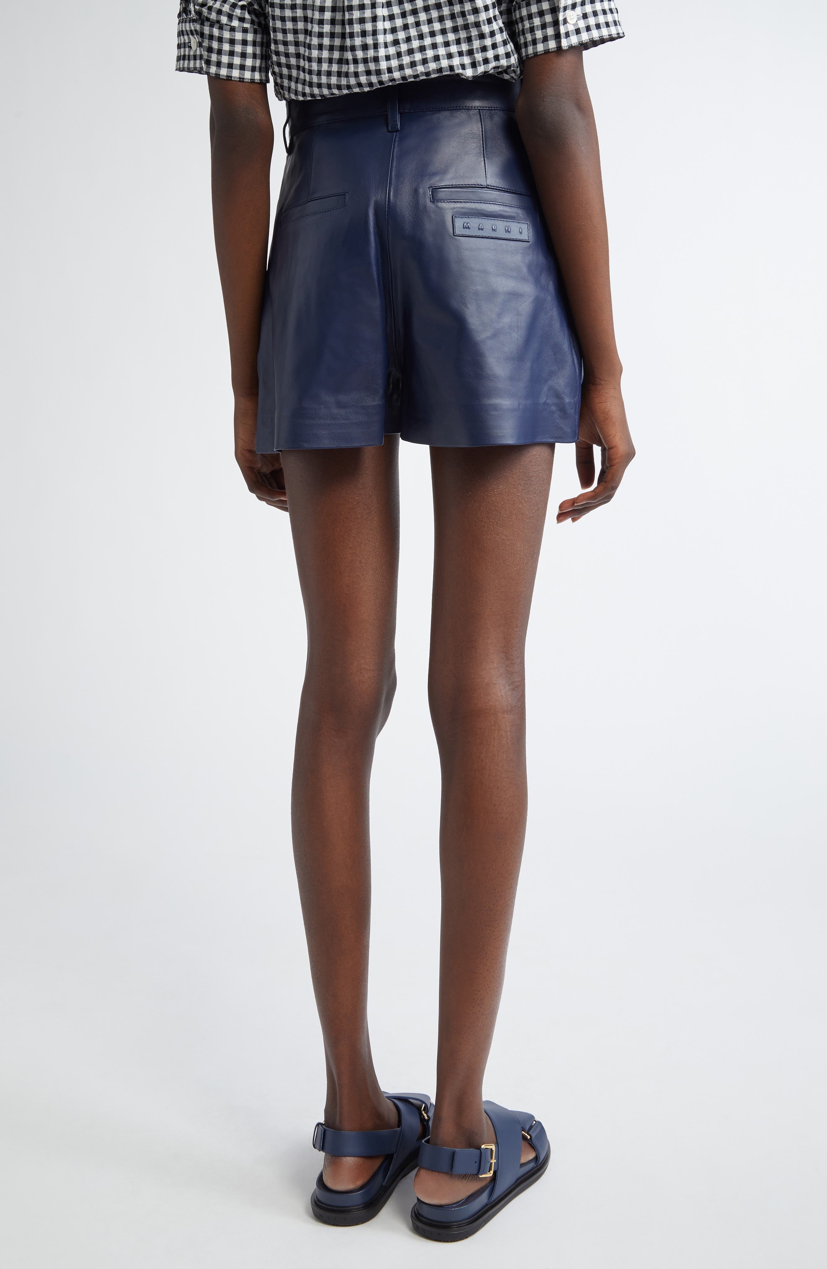 Marni Pleated Leather Shorts in Blue at Nordstrom - 3