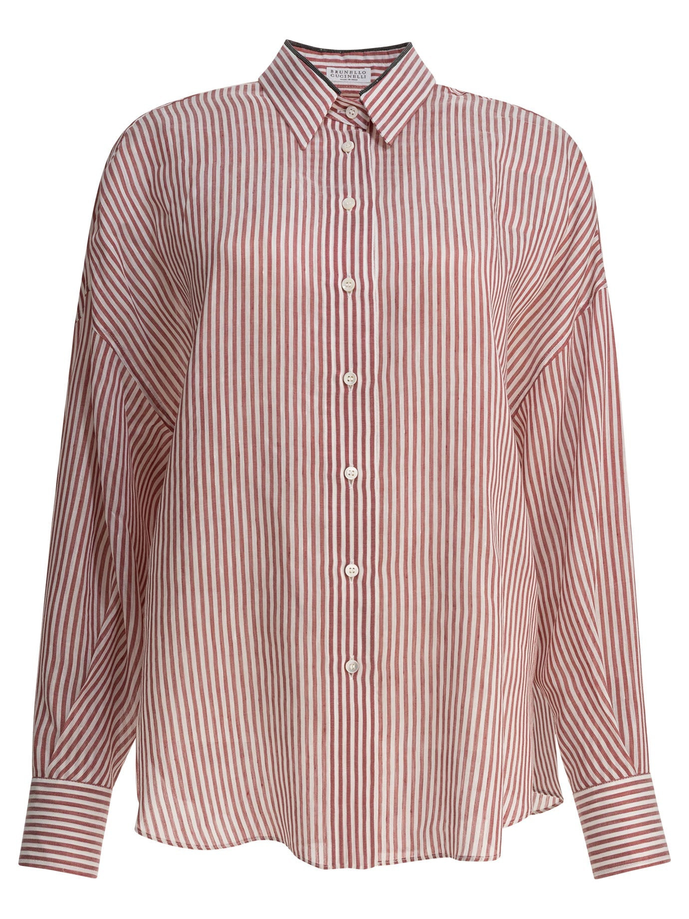 Brunello Cucinelli Women Linen And Silk Striped Organza Shirt With Shiny Collar Detail - 1