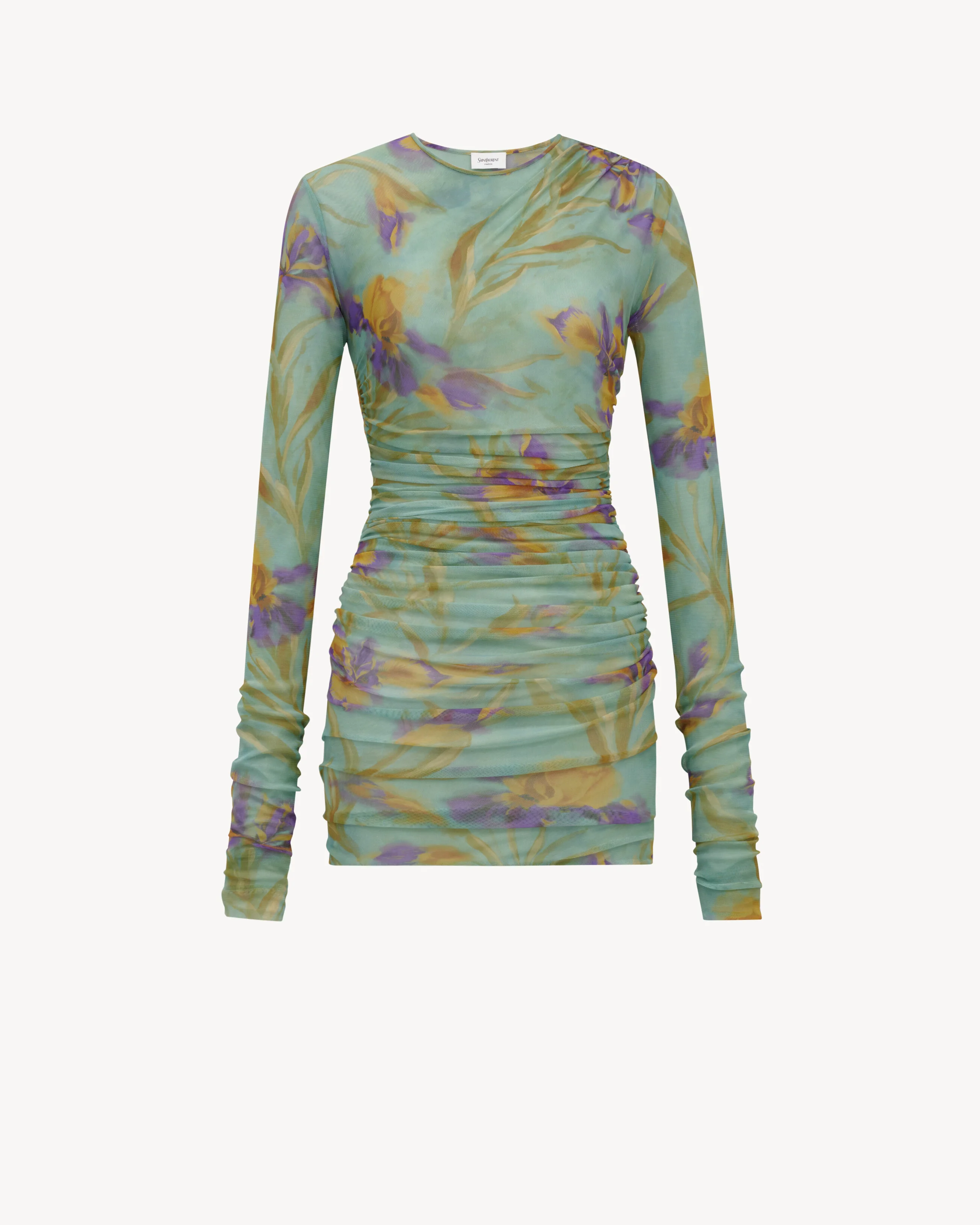 RUCHED MINI DRESS IN FLORAL TULLE JERSEY - 1