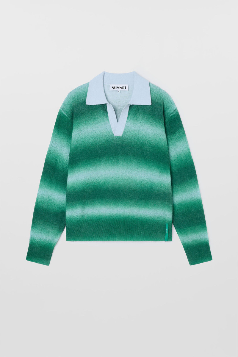 STRIPED KNIT LONGSLEEVE POLO / green & alice blue 1