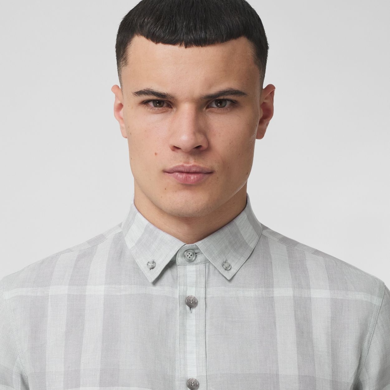 Button-down Collar Check Linen Shirt - 3