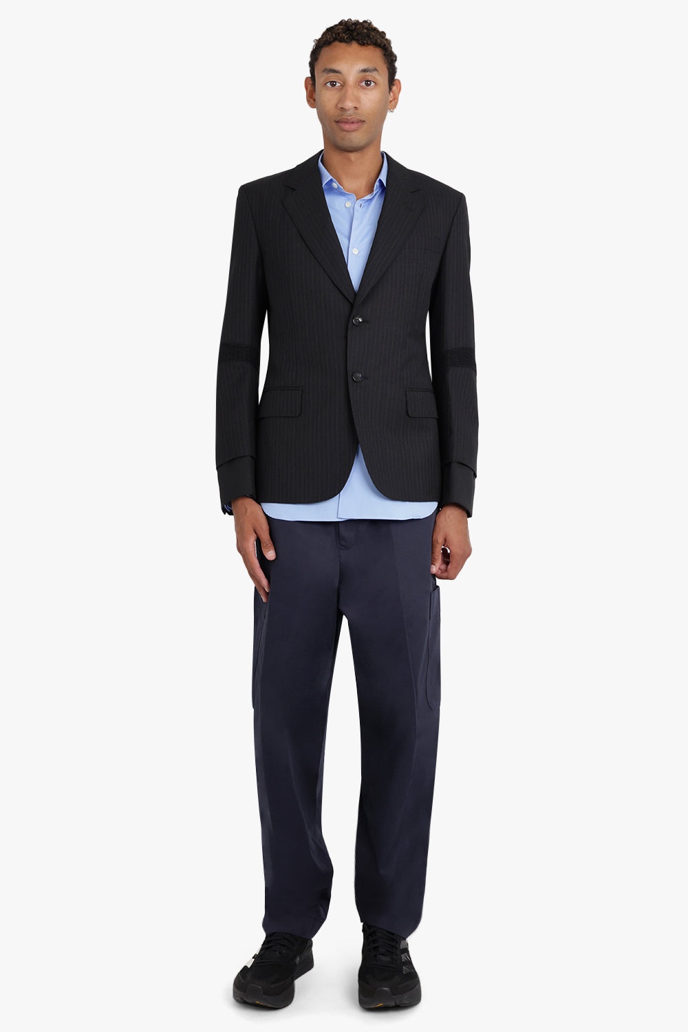 WOOL STRIPE PANEL BLAZER | BLACK - 2