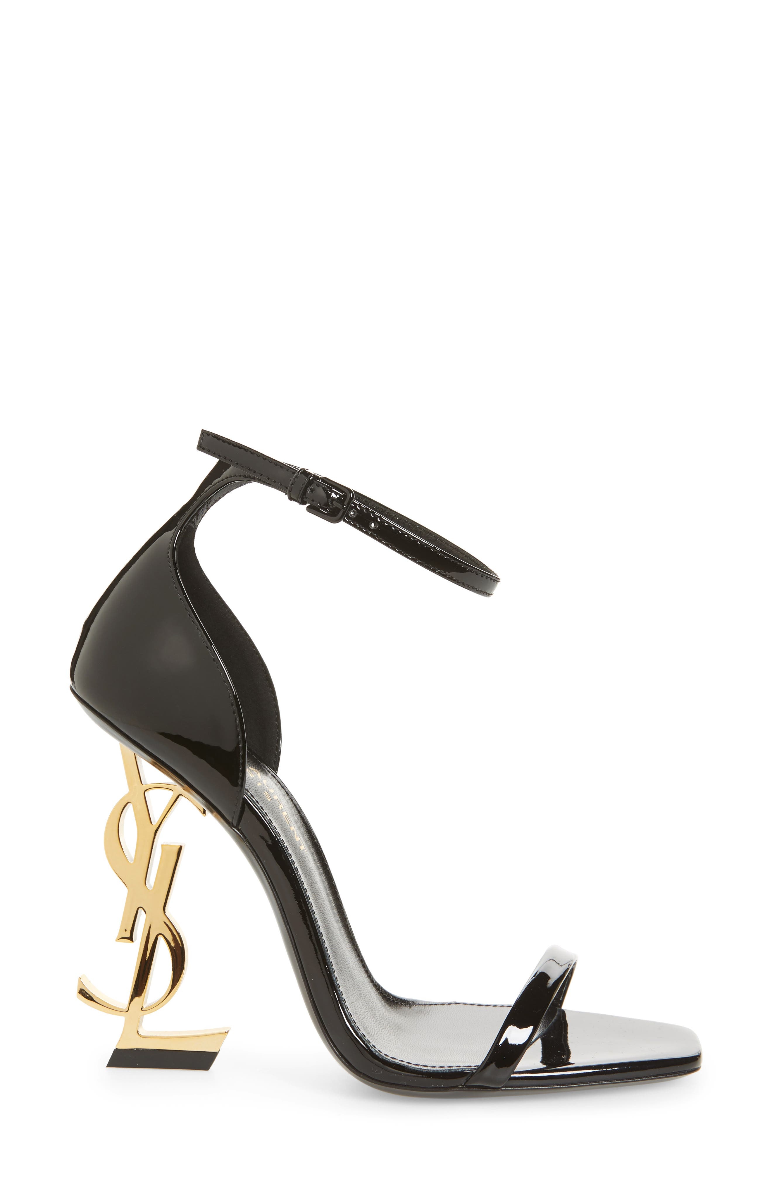 Saint Laurent Opyum YSL Ankle Strap Sandal in Black Patent/Gold at Nordstrom - 3