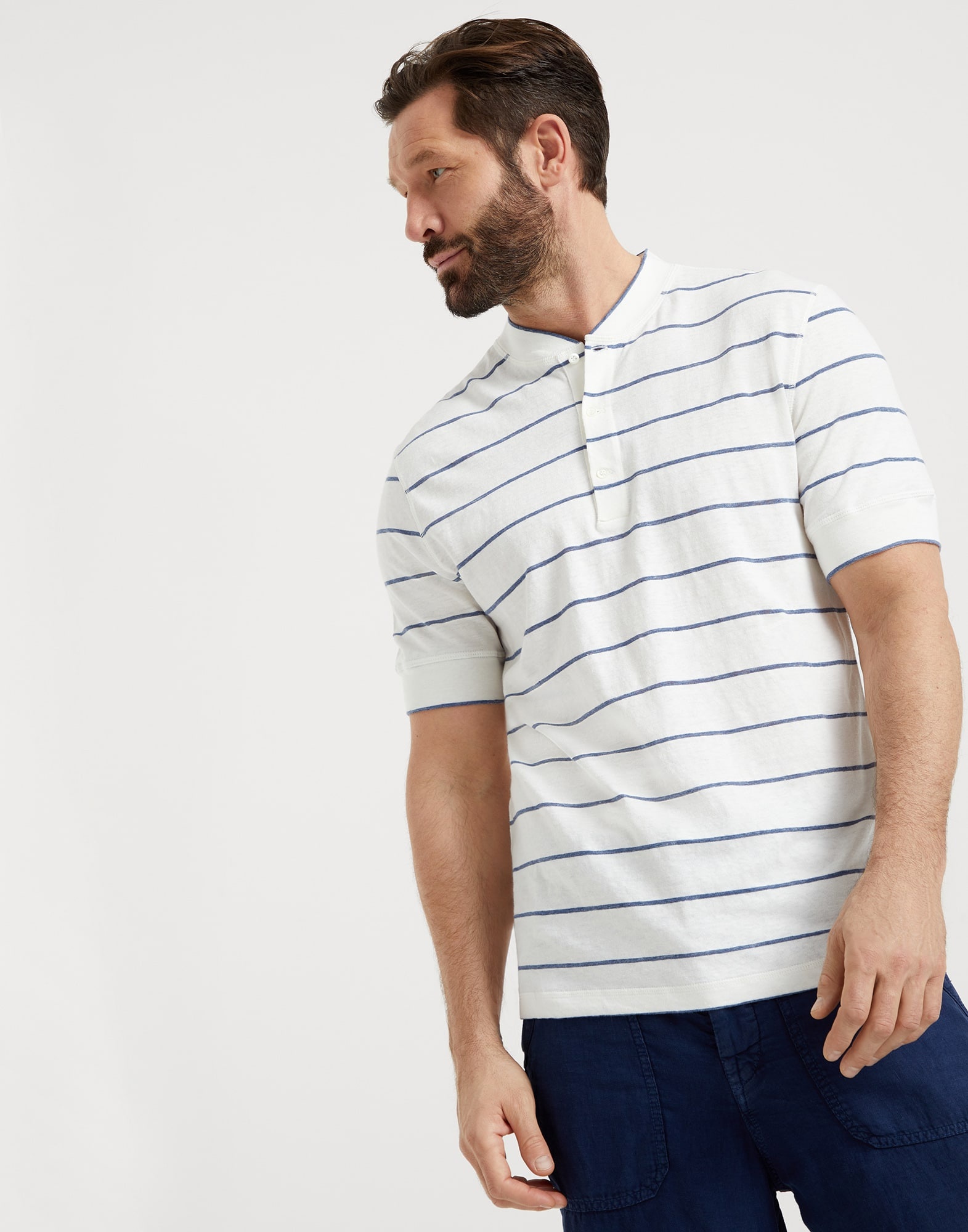 Linen and cotton striped jersey Henley collar T-shirt - 1
