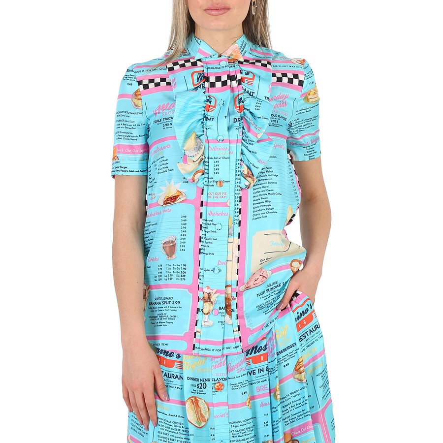 Moschino All-Over Diner Menu Print Short Sleeve Silk Blouse - 3