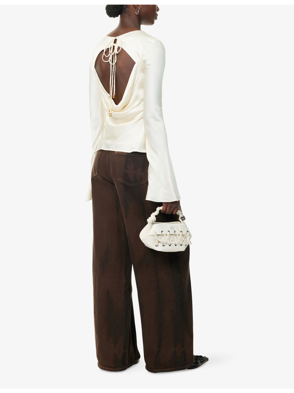 Bell-Sleeves Curved-Neckline Satin Blouse - 2