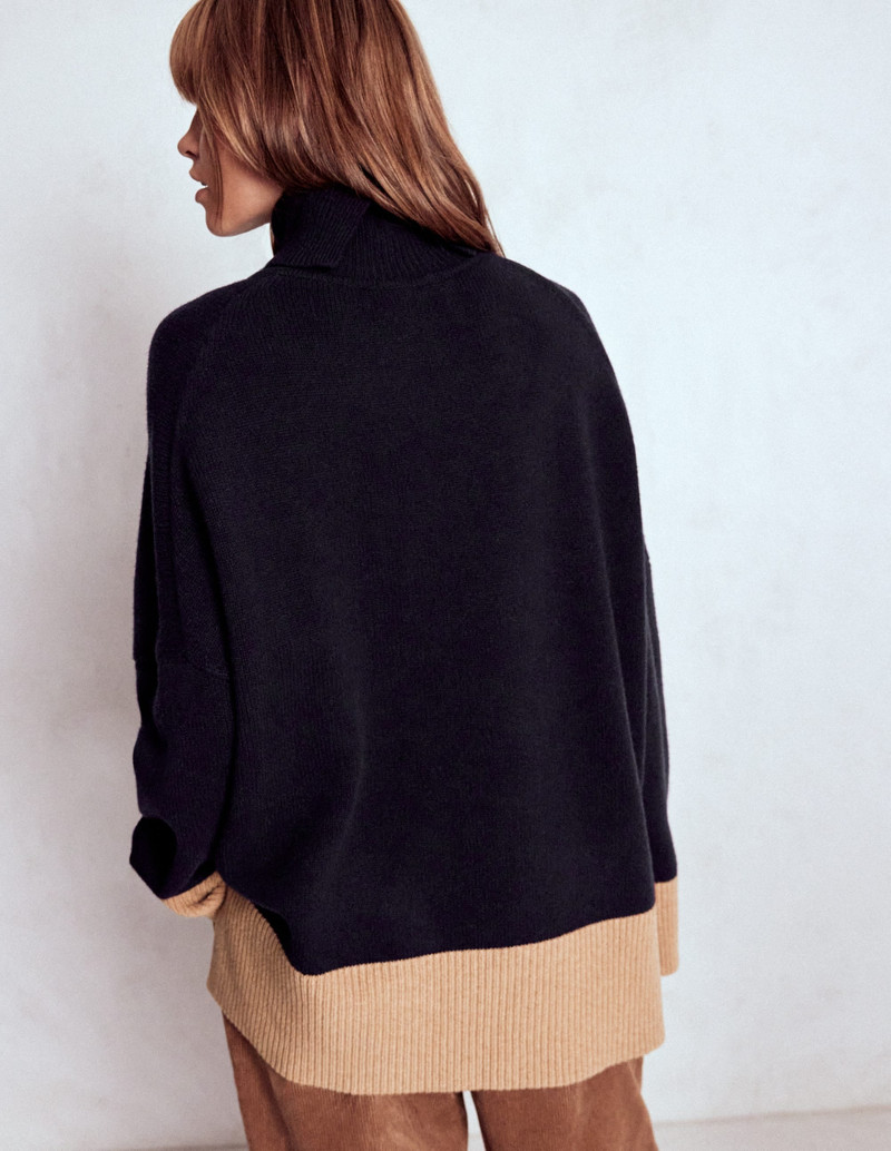 Polly Merino Roll Neck Sweater-Navy, Warm Taupe Colour Block 4