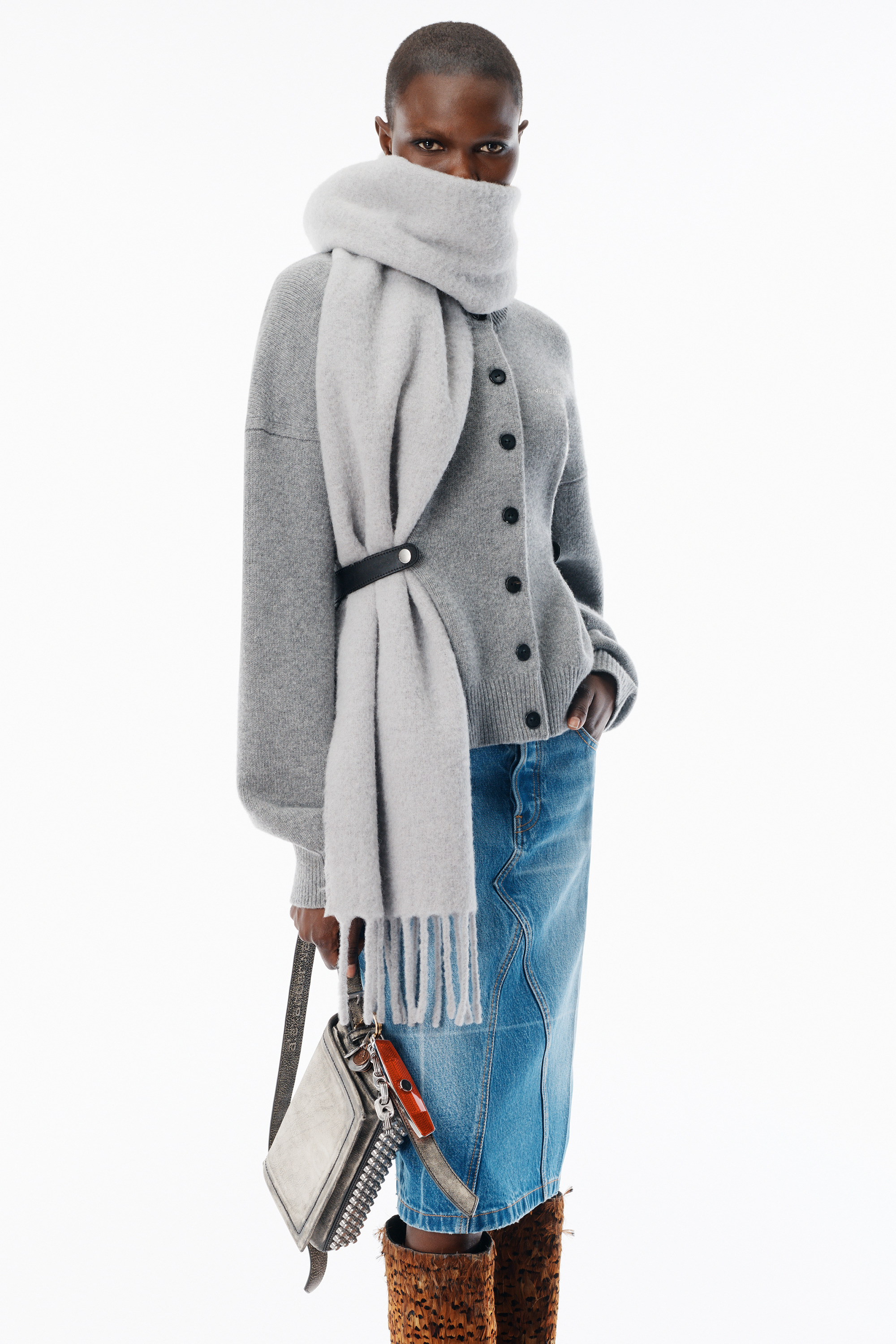 Grey Wool-Cotton Draped Back Cardigan - 3