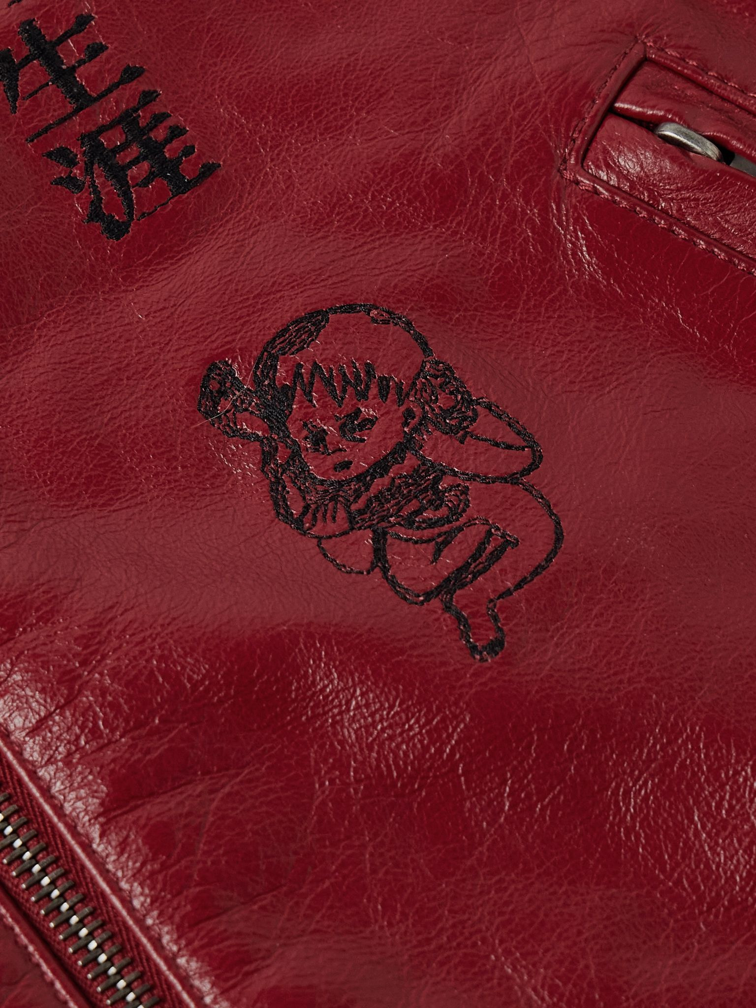 The Bully Distressed Embroidered Tumbled-Leather Jacket Red - 4