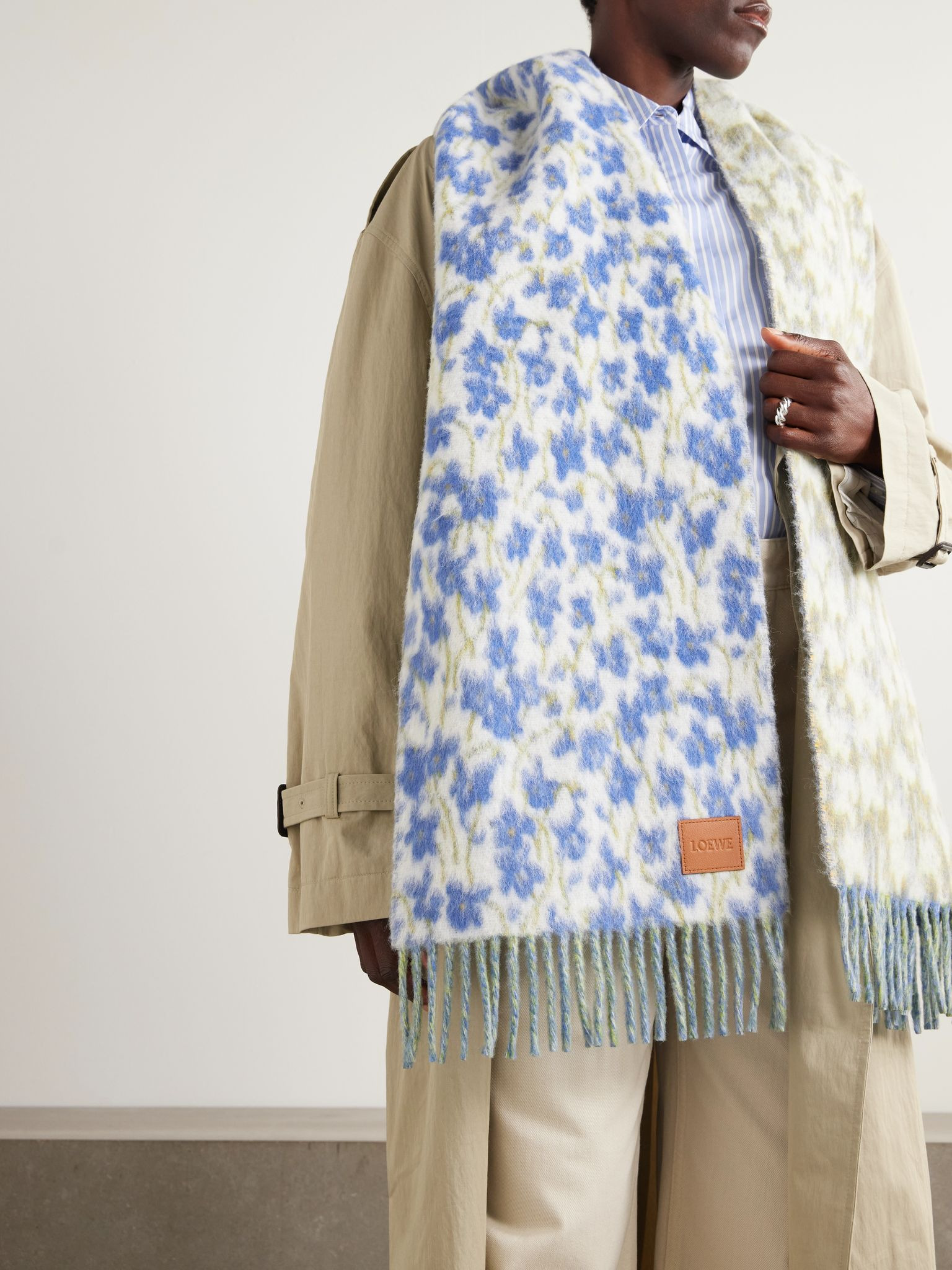 Fringed printed wool-blend scarf Blue - 2