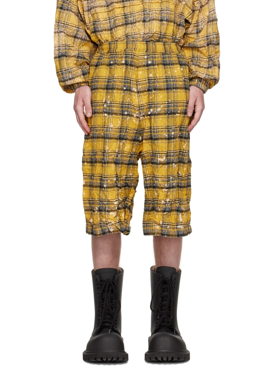 Yellow Crinkled Check Shorts - 1