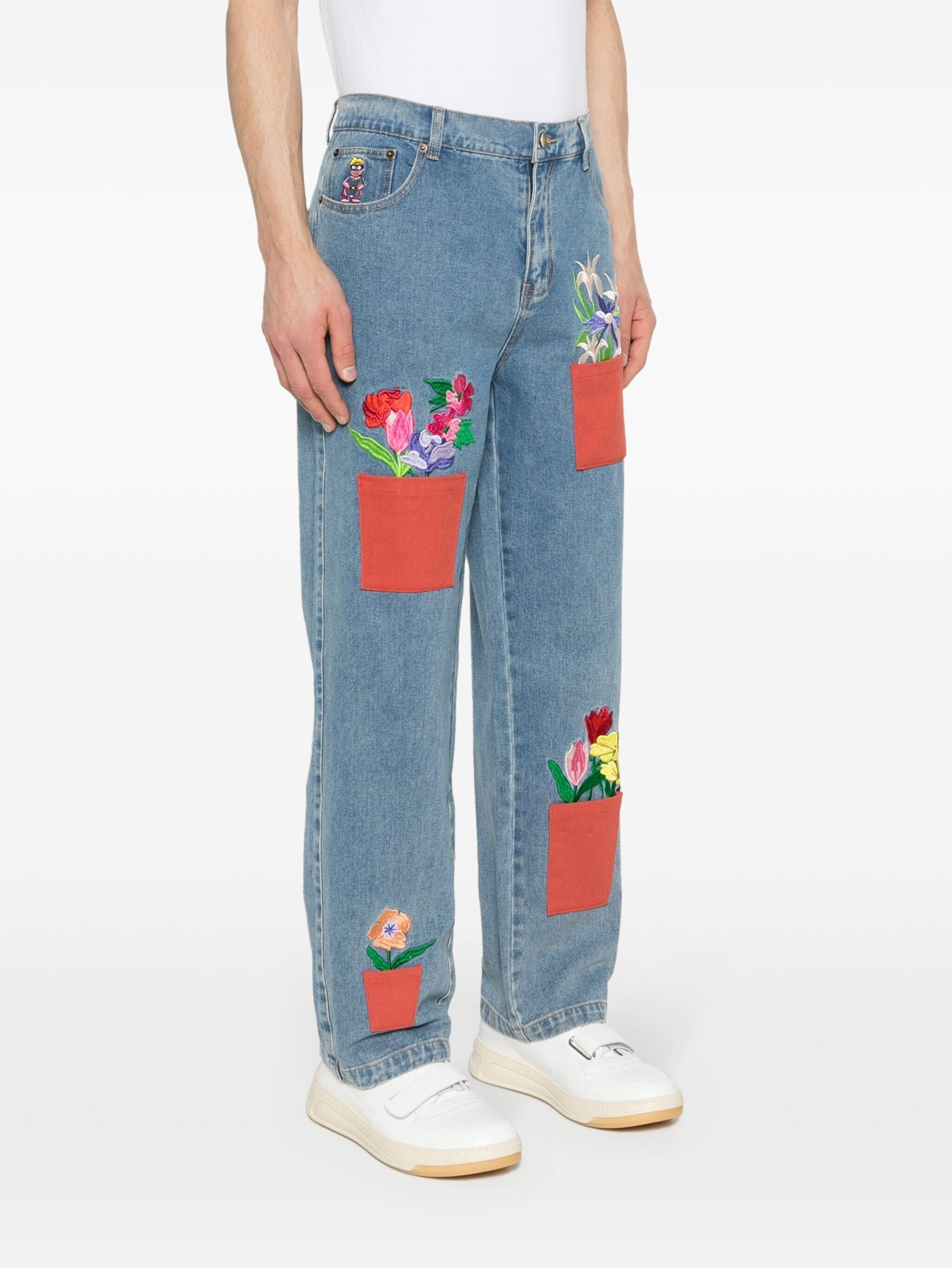 flower-pots embroidered tapered jeans - 3