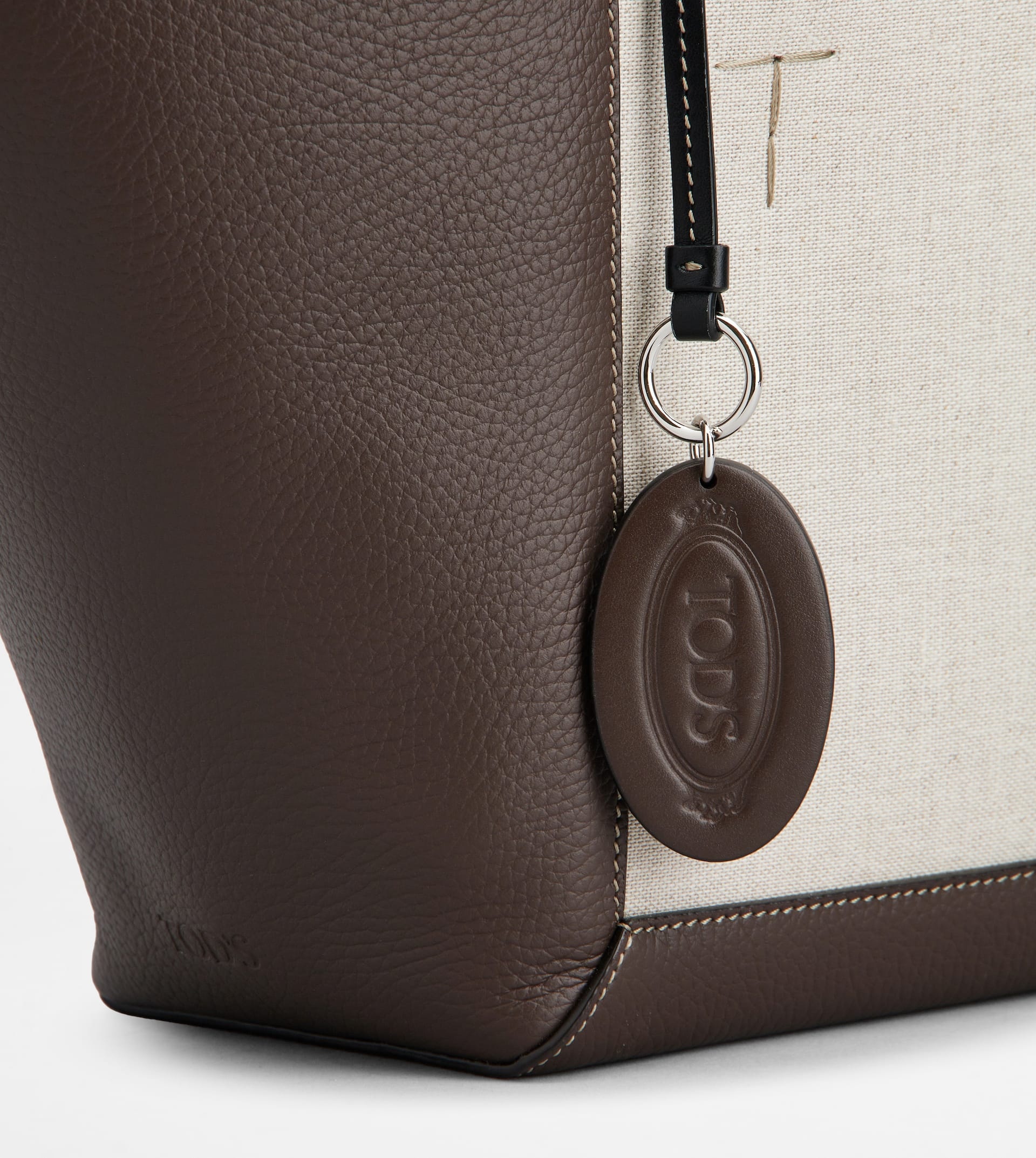 TOD'S DOUBLE UP SHOPPING BAG IN LEATHER AND CANVAS SMALL - BROWN, OFF WHITE - 8