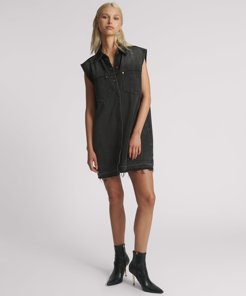 Sleeveless Mini Denim Shirt Dress - Faded Black 6
