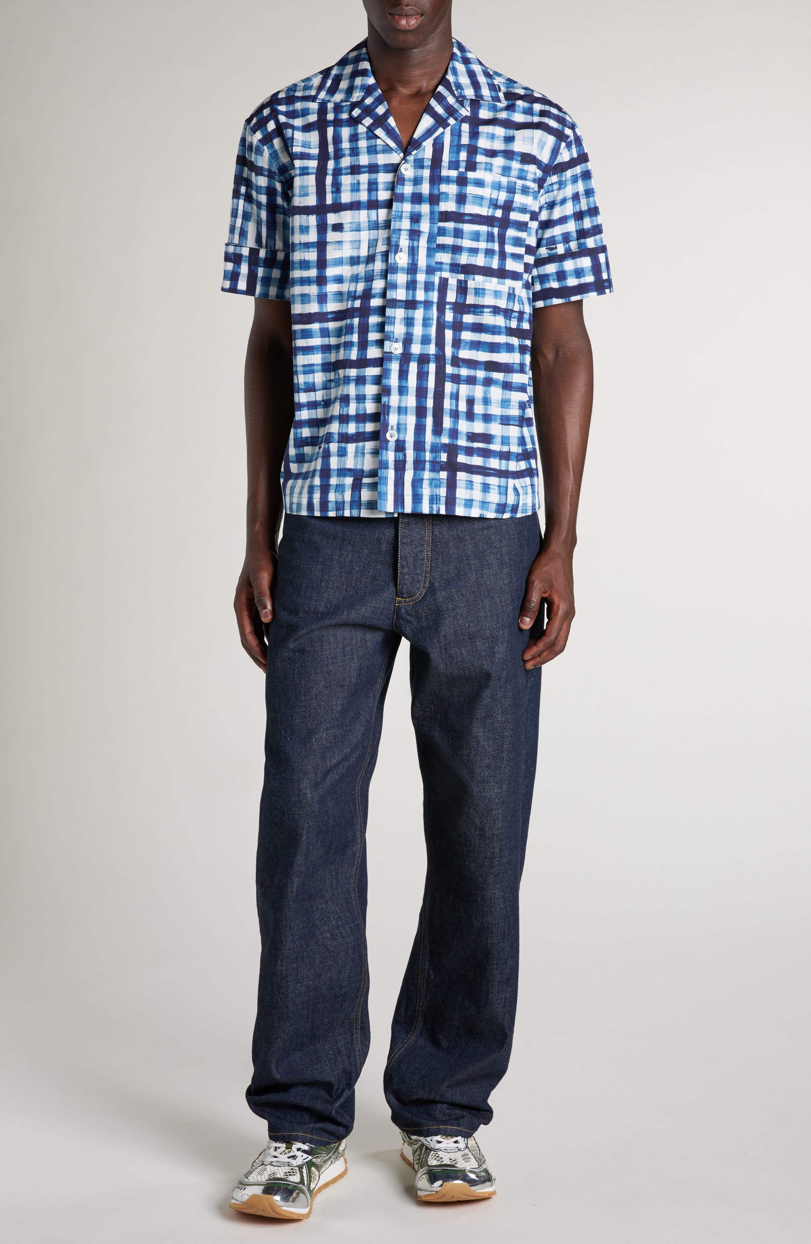 Bottega Veneta Painted Gingham Cotton Camp Shirt in Chalk/Eclipse at Nordstrom - 2