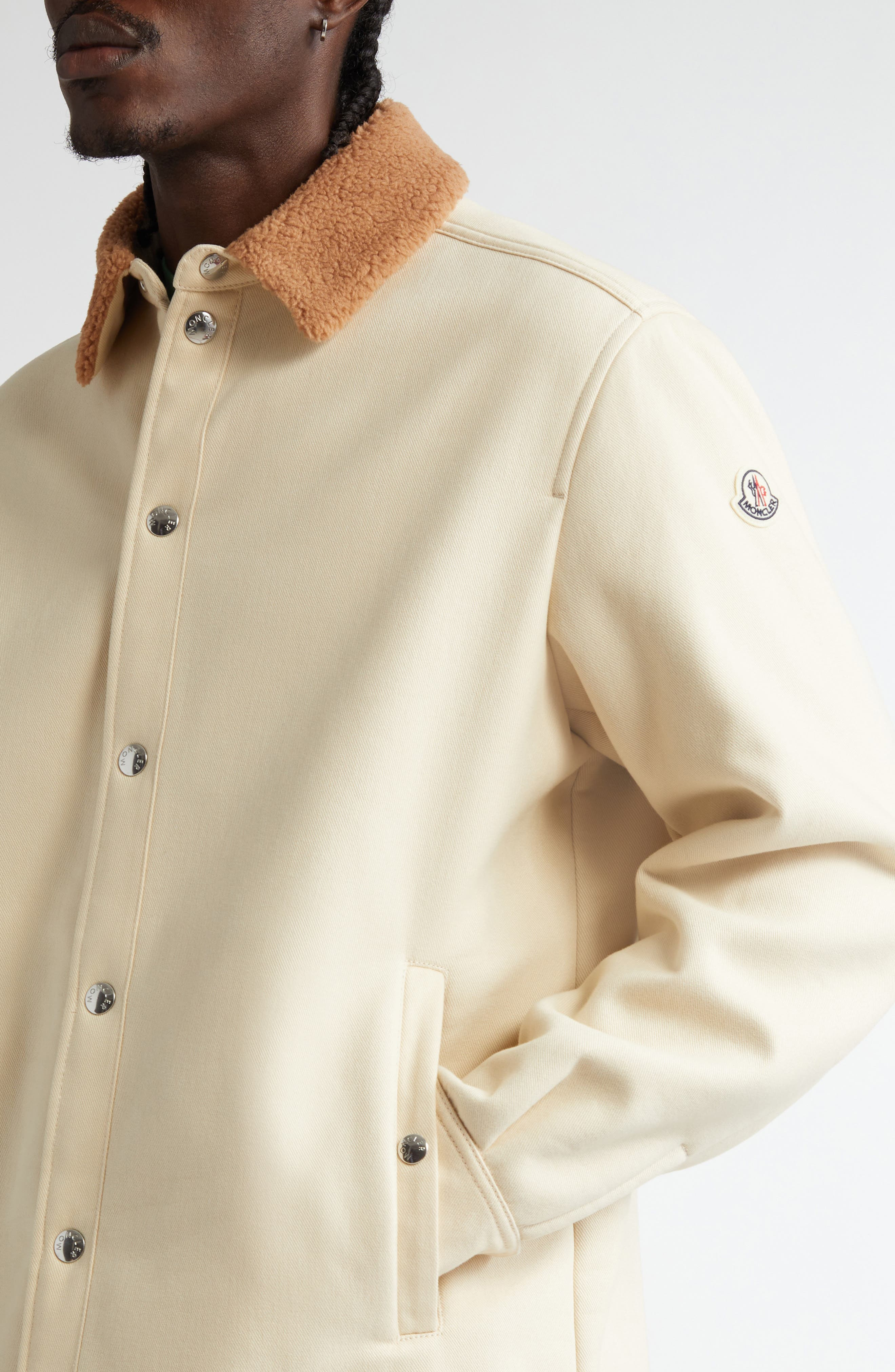 Moncler Teddy Collar Cotton Shirt Jacket in Ivory at Nordstrom - 5