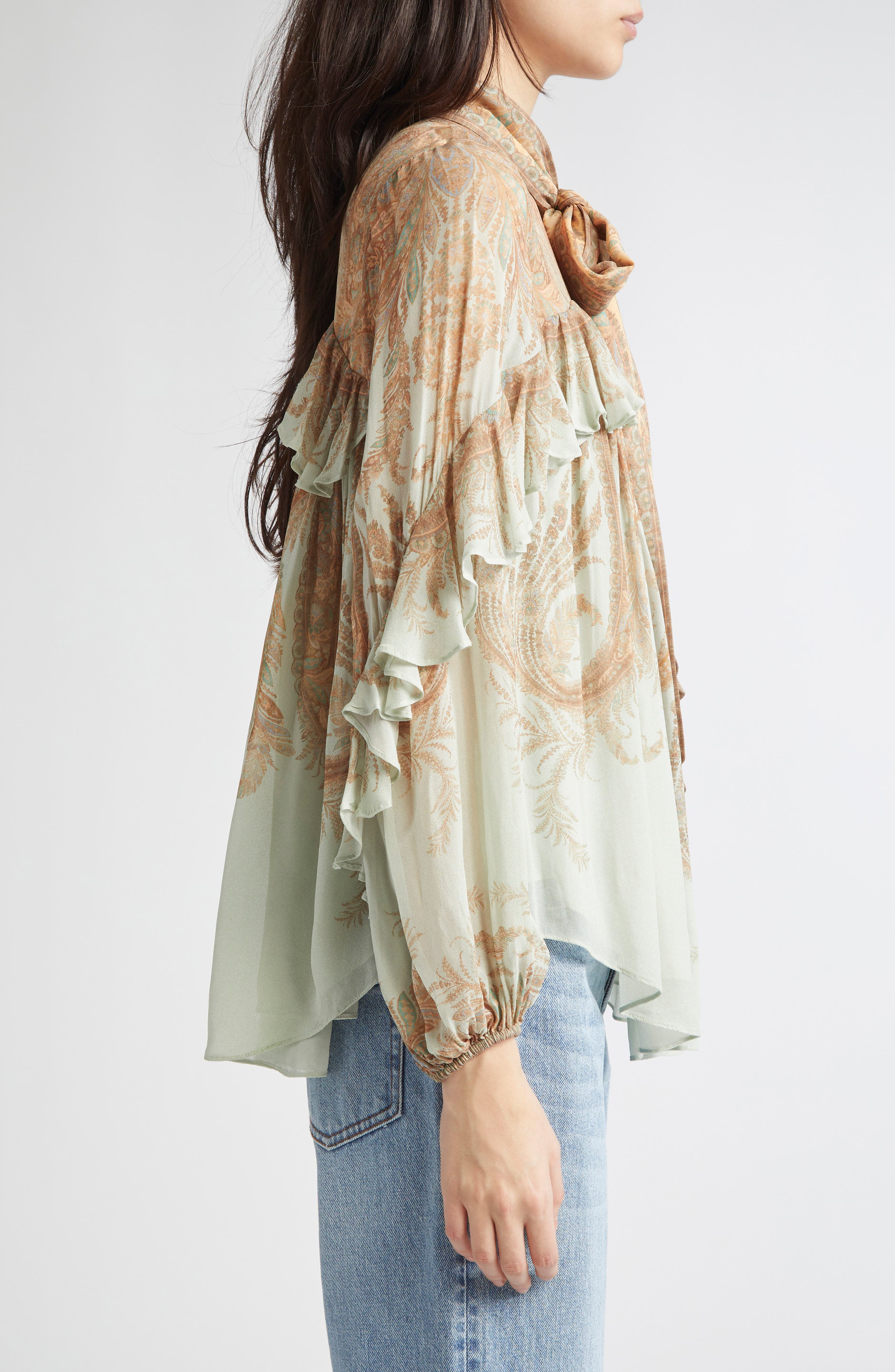 Zimmermann Memento Flutter Paisley Pussy Bow Top in Mint Paisley at Nordstrom - 4
