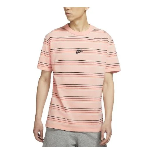 Men's Nike Sportswear Embroidered Logo Stripe Loose Knit Sports Short Sleeve Pink T-Shirt DB6532-800 - 1