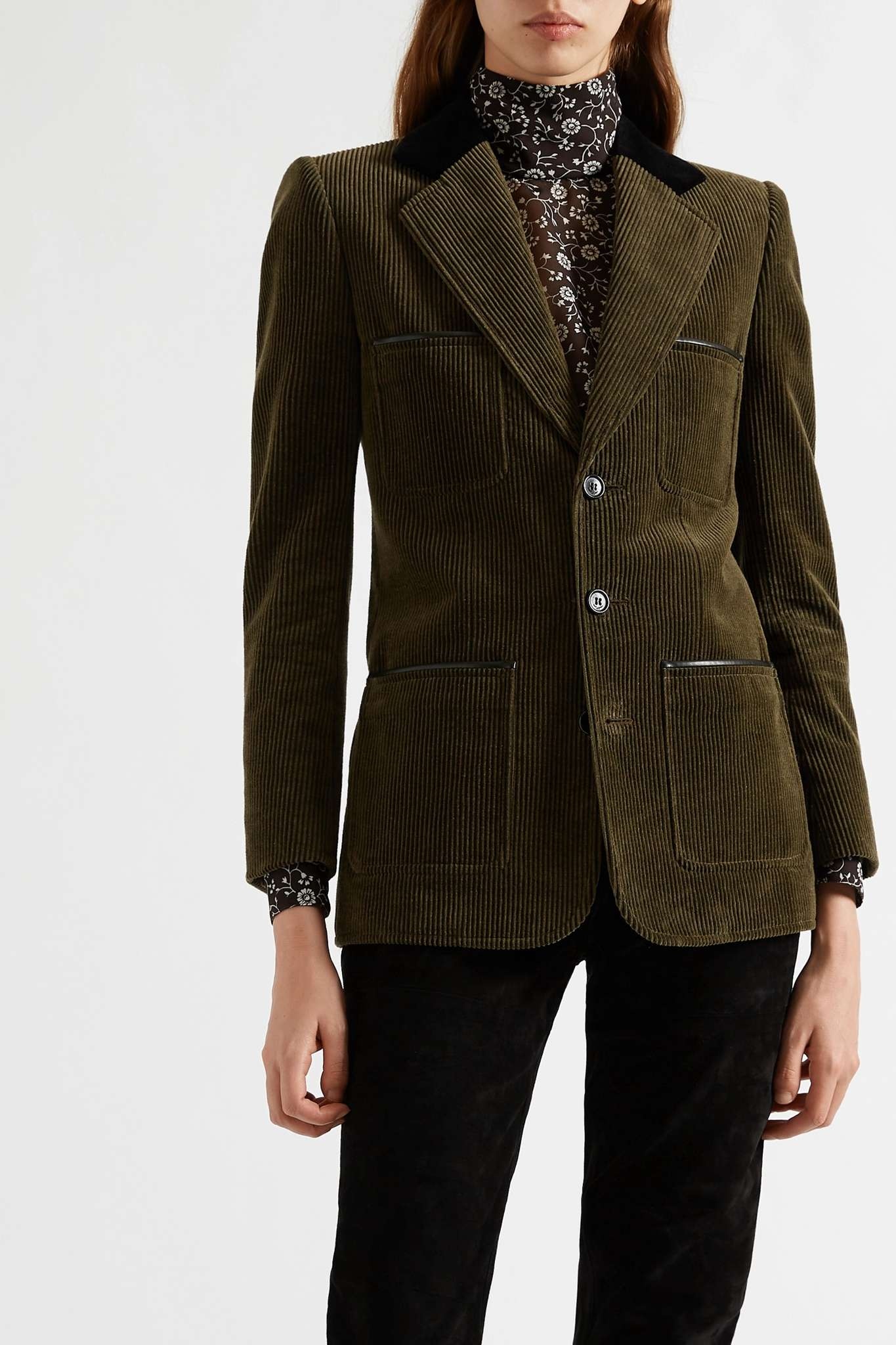 Leather-trimmed cotton-corduroy blazer - 3