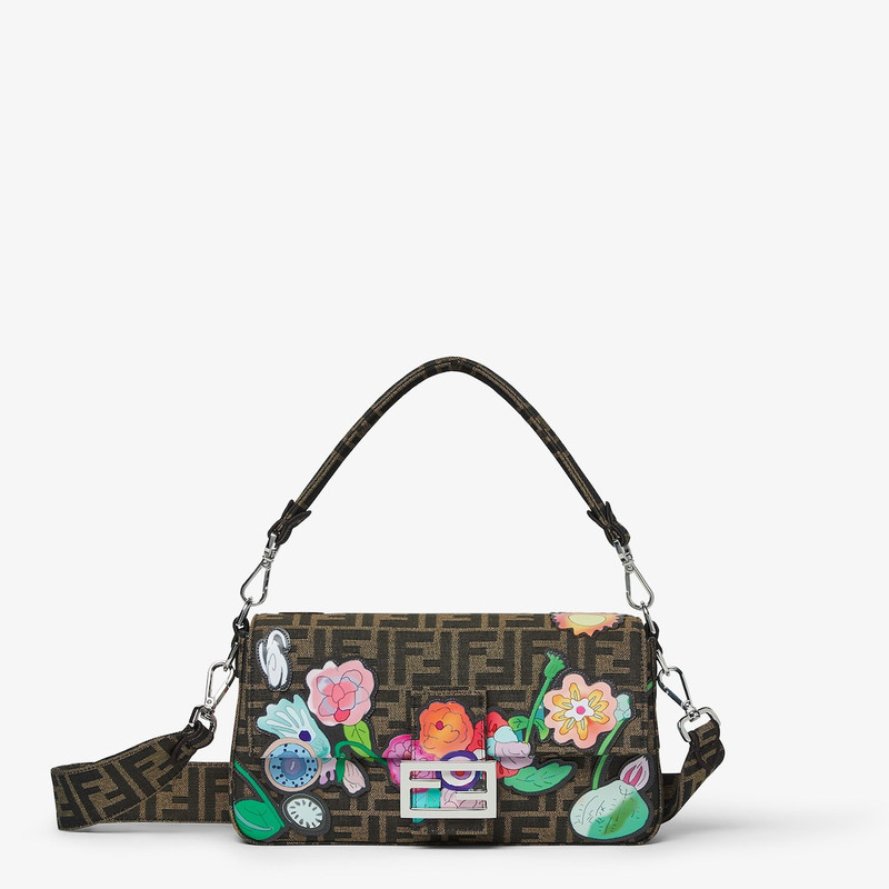 Baguette® Fantastic Fendi Future FF jacquard fabric bag with multicolor floral appliqués 1