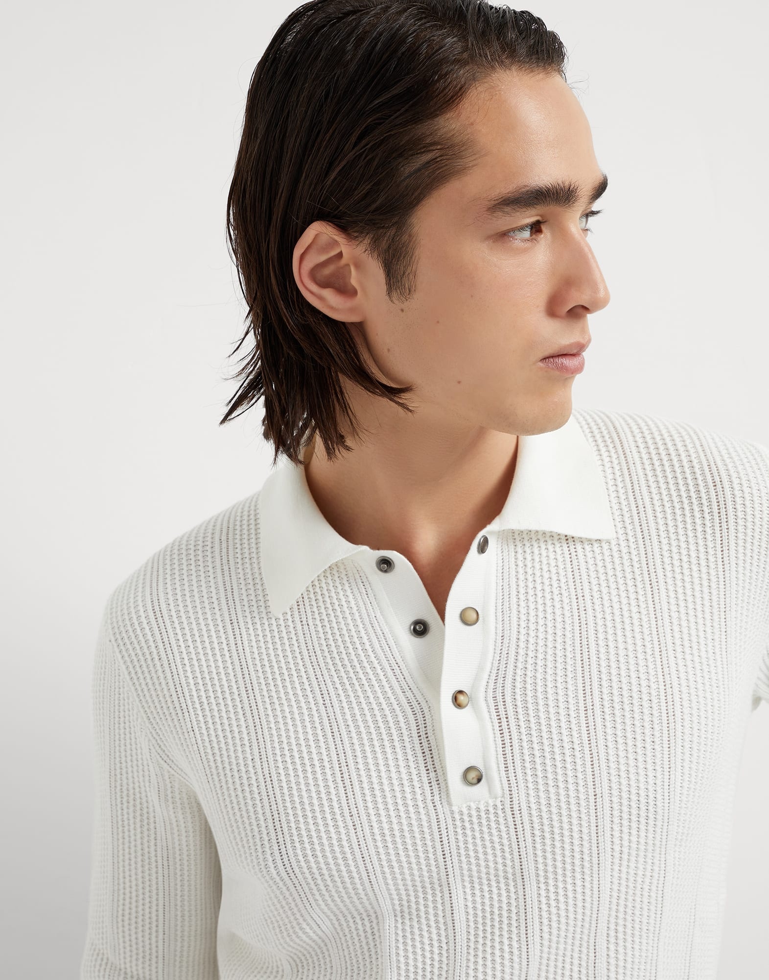 Cotton textured rib knit polo with long sleeves - 3