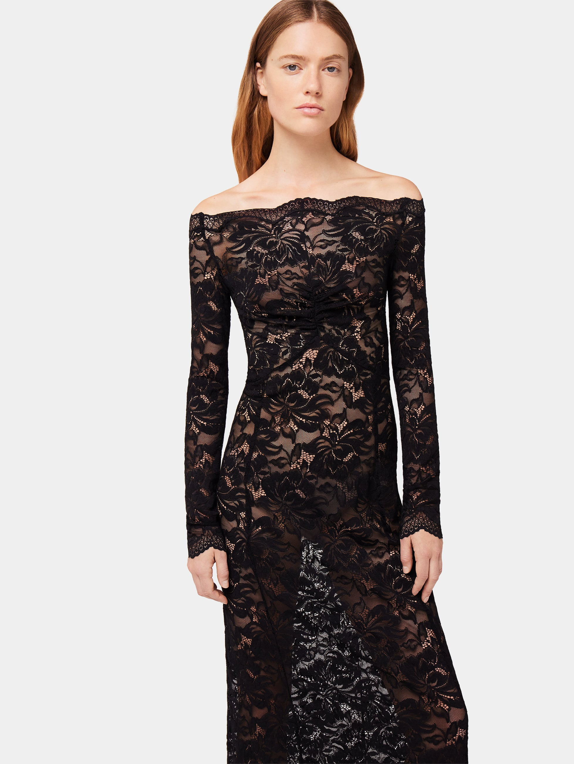 LONG BLACK LACE DRESS WITH BARDOT COLLAR - 2
