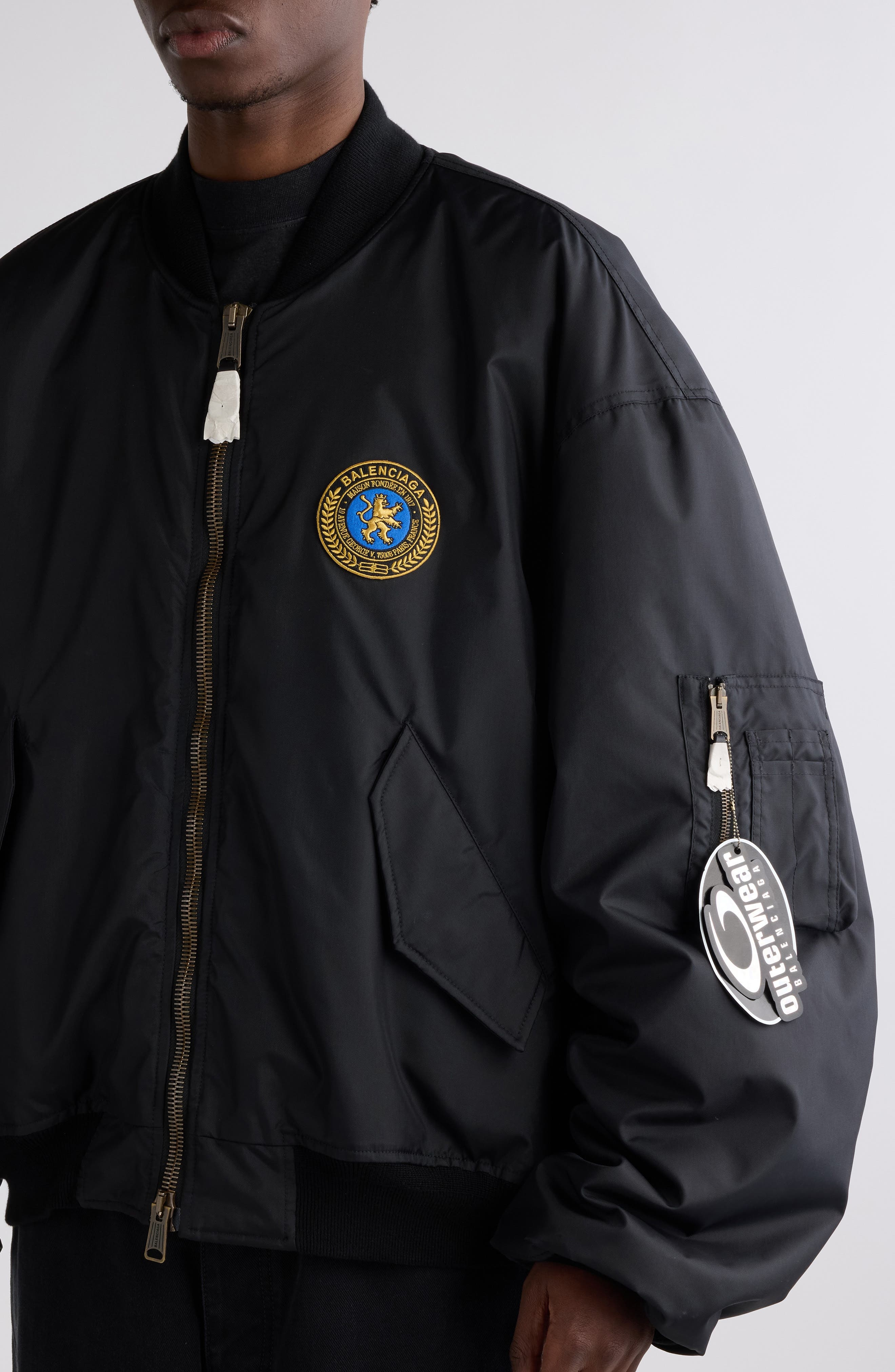 Balenciaga Large Fit Nylon Bomber Jacket in 1000 Black at Nordstrom - 4