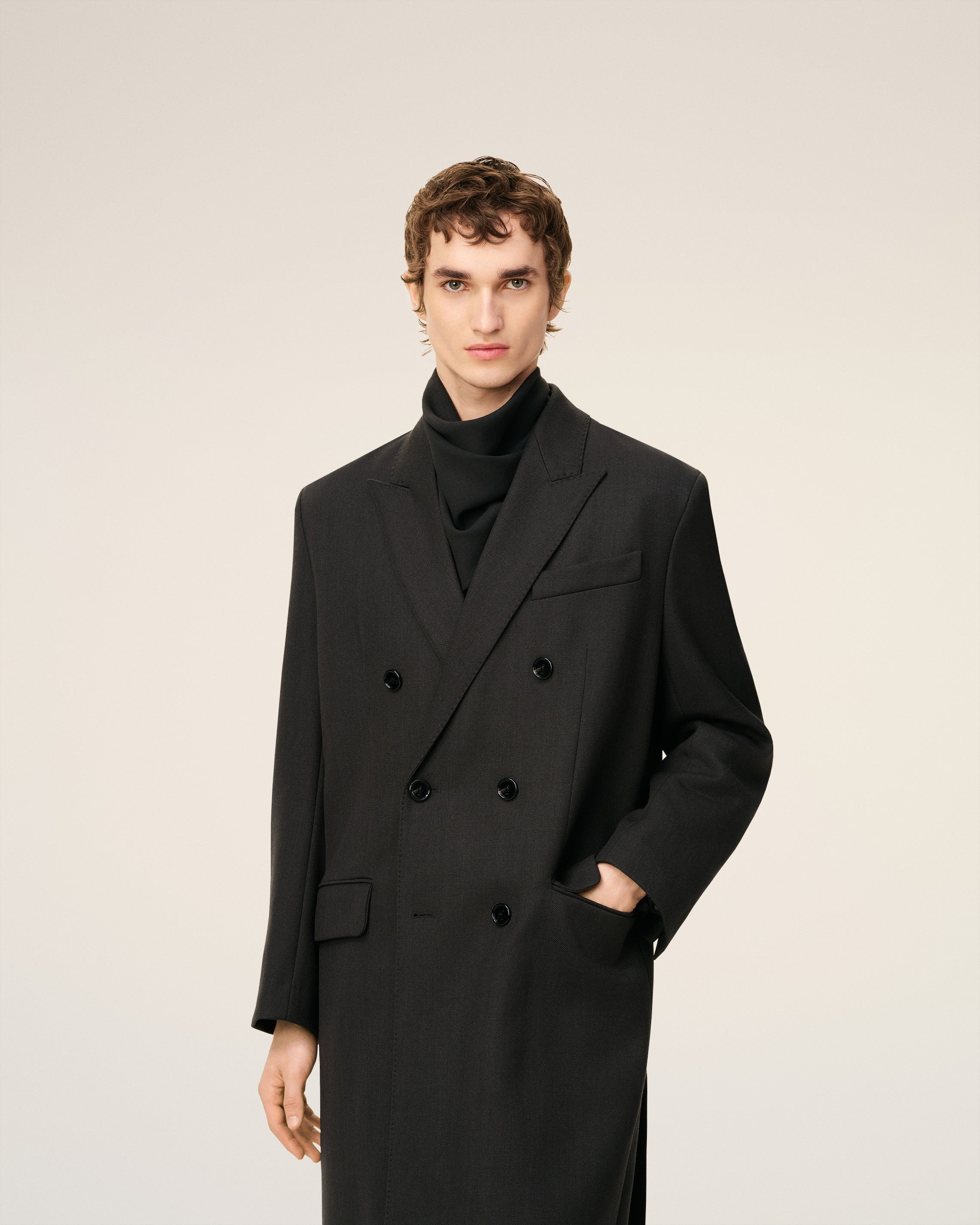 BLACK WOOL DOUBLE BREASTED STRAIGTH COAT - 3