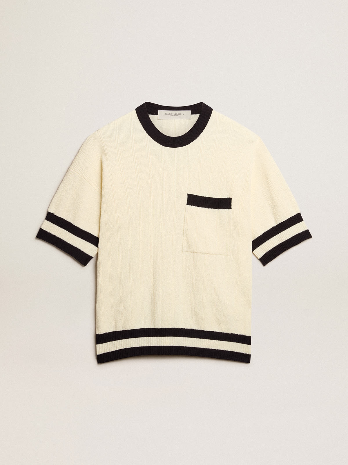 Men's short-sleeved sweater in vintage white with blue rib knit - 1