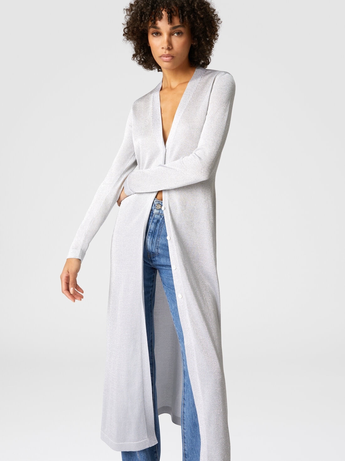 Long lamé viscose cardigan with V-neck - 4