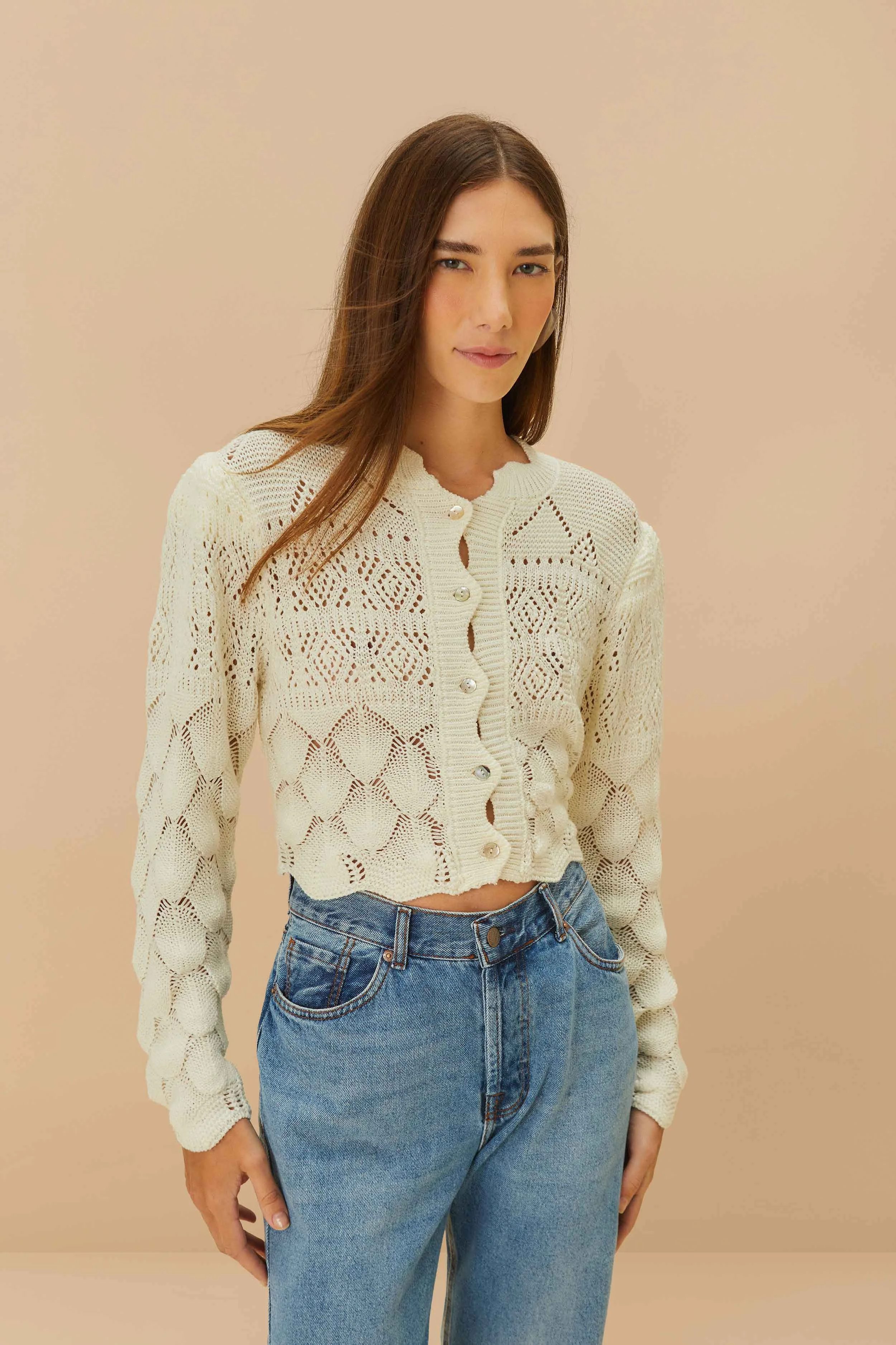 Off-White Mixed Lace Stitch Cardigan - 1