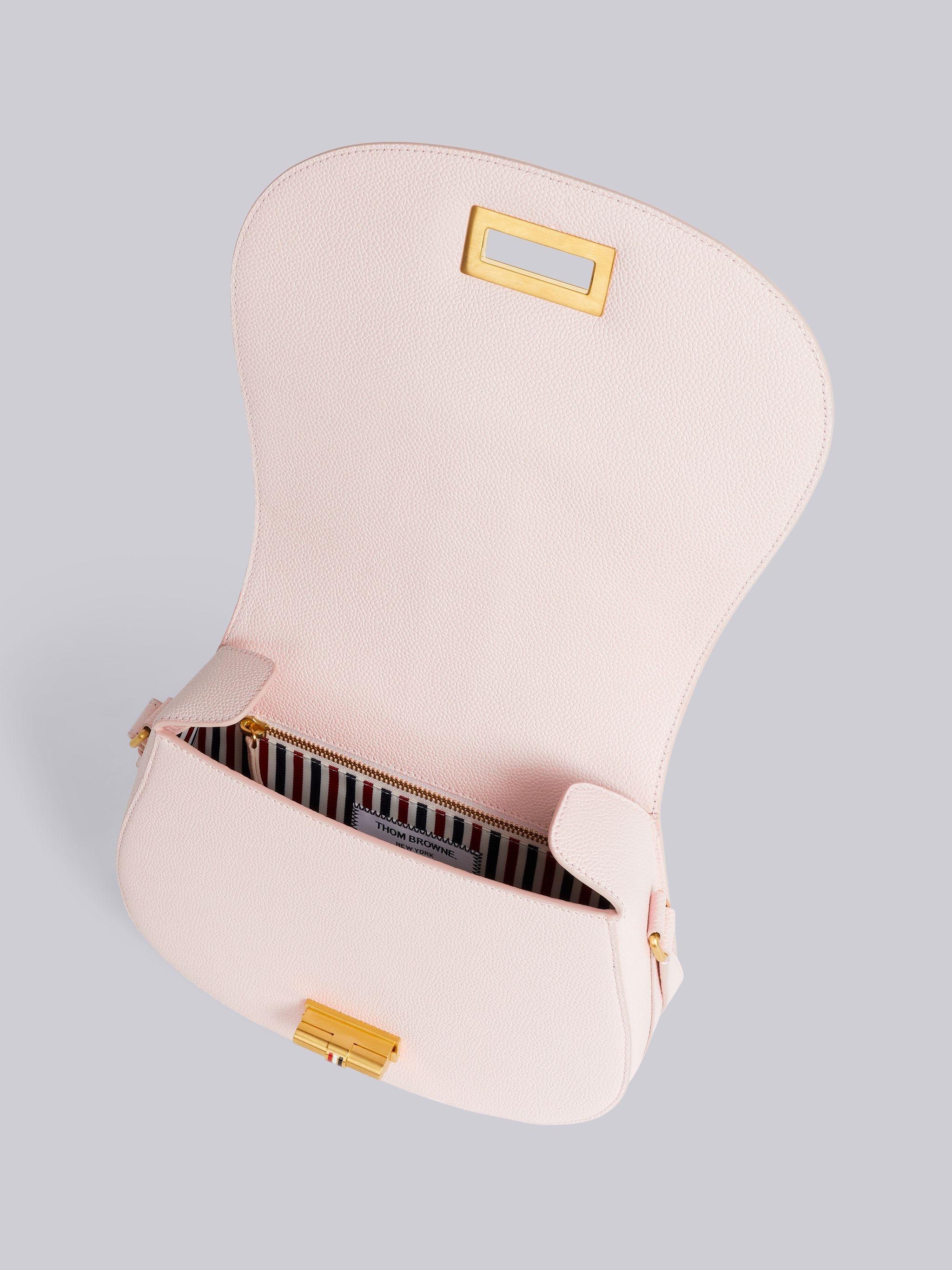 Light Pink Stripe Seersucker Webbing Enamel Lock Saddle Shoulder Bag - 5