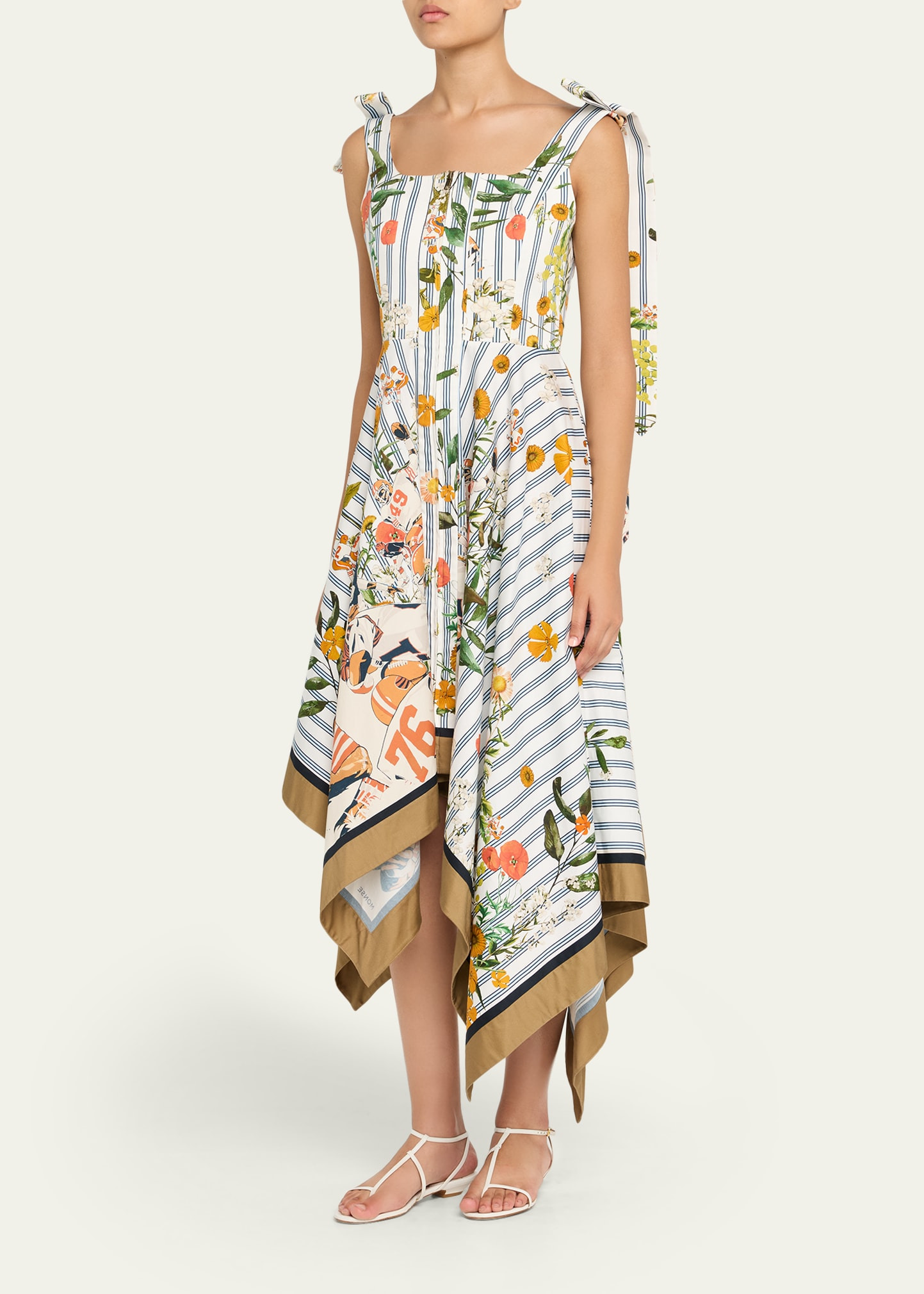 Printed Shoulder-Tie Handkerchief Midi Dress - 4