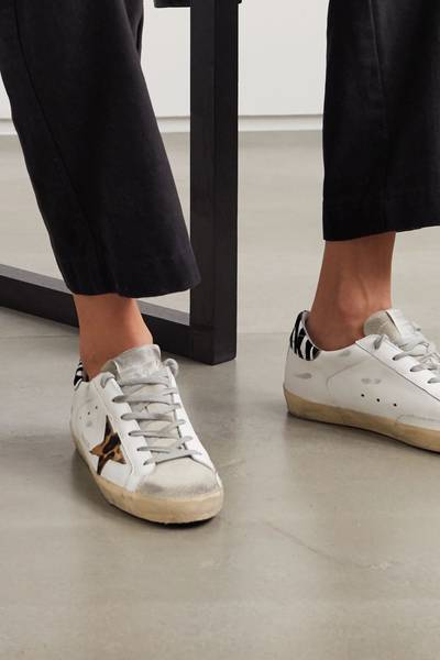 Golden Goose Superstar distressed leopard-print calf hair, leather and suede sneakers outlook