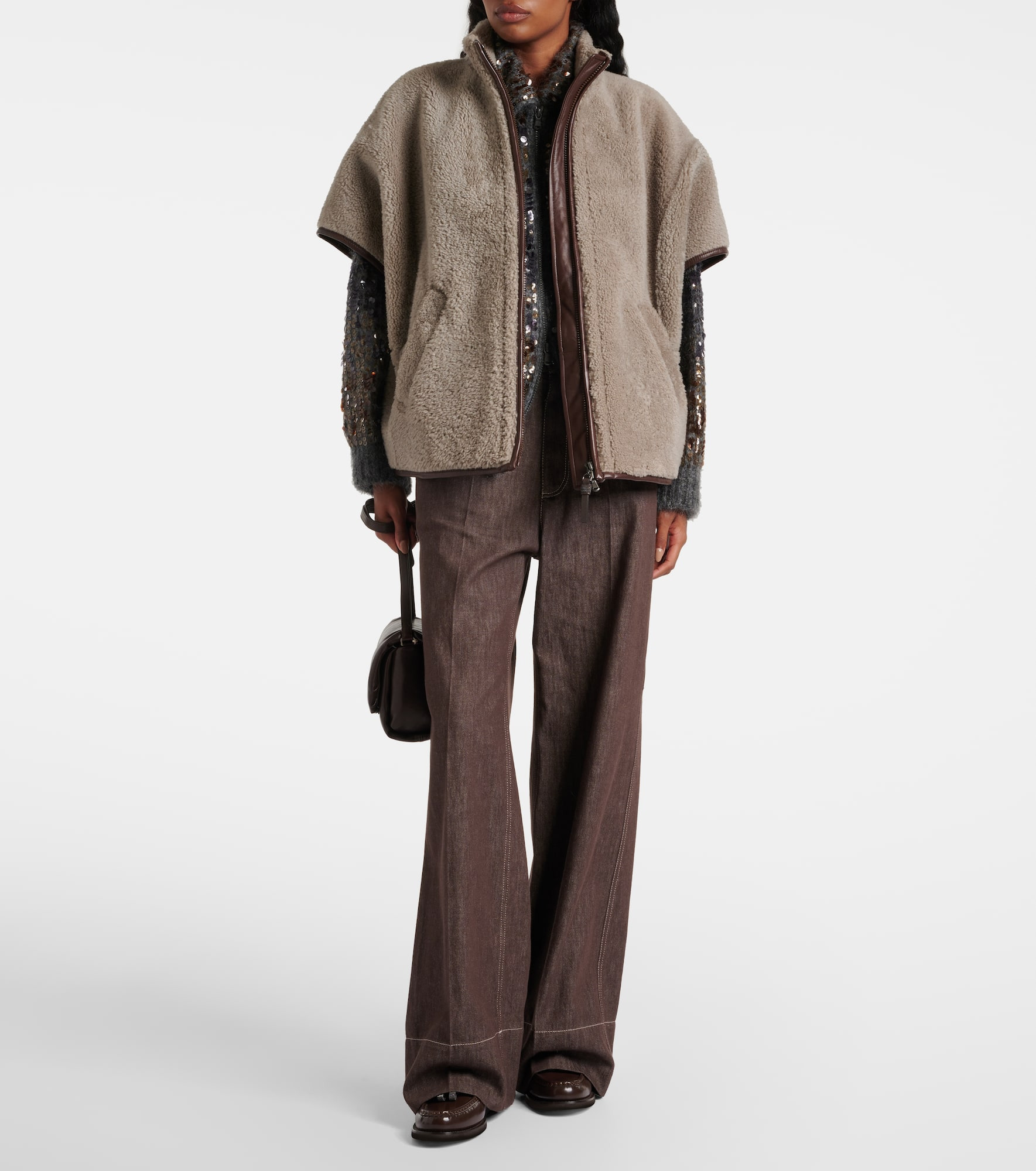 Monili leather-trimmed shearling jacket - 2