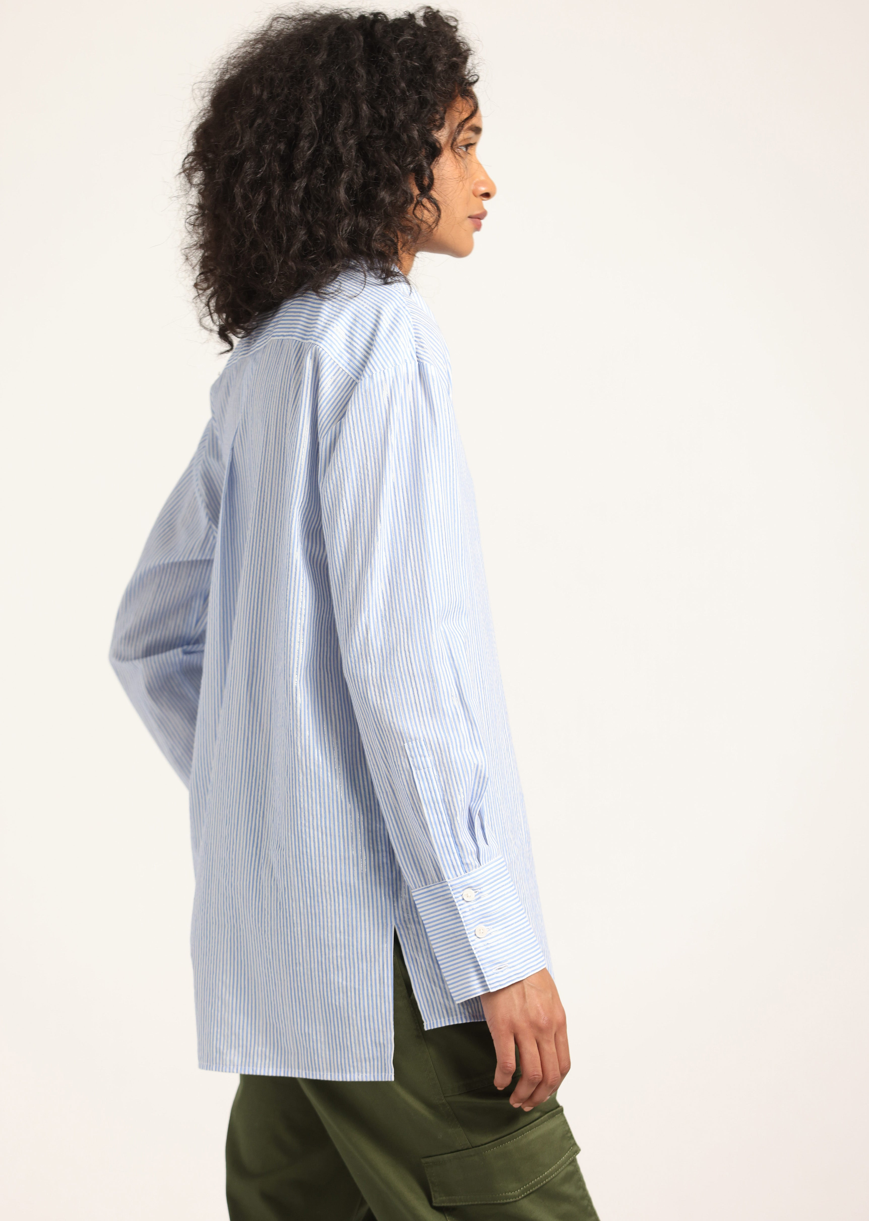 ORIANNE LUREX STRIPE VOILE LONG SLEEVE BUTTON FRONT SHIRT - 5