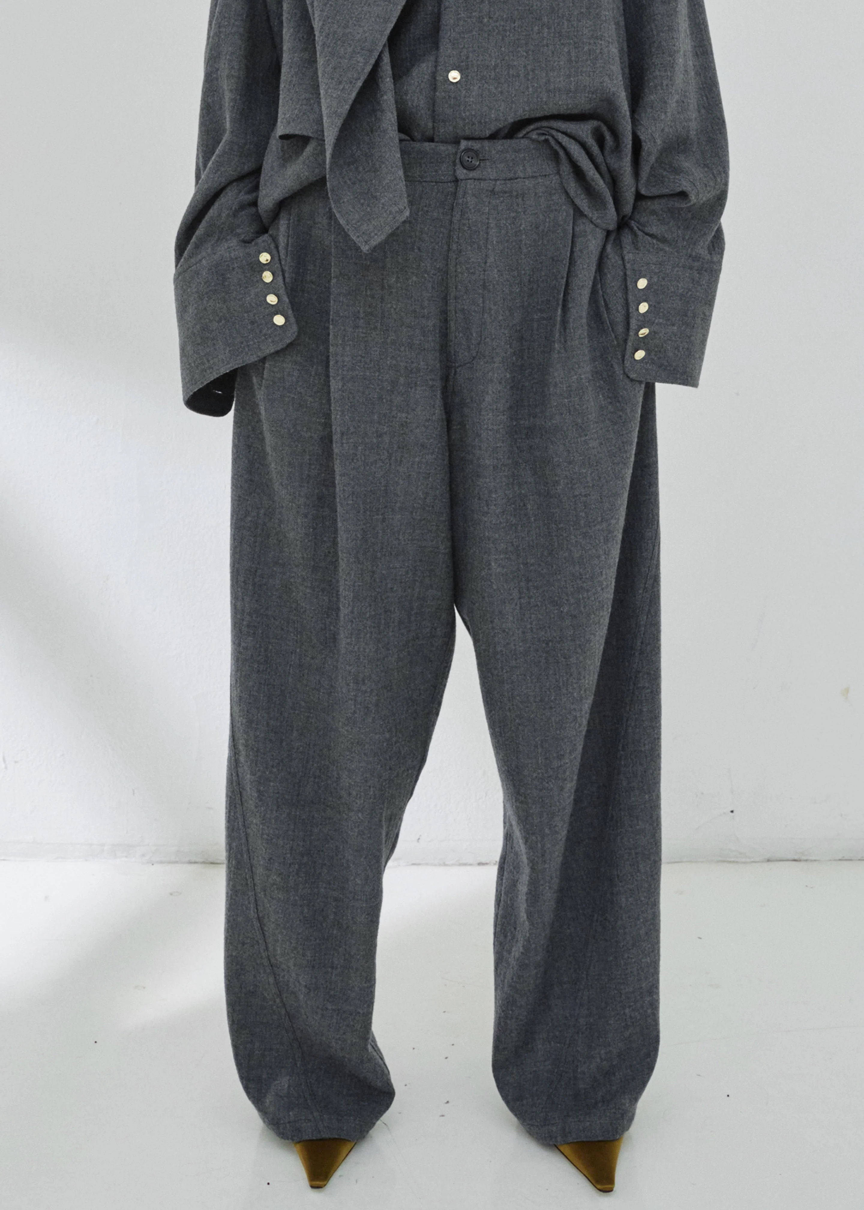 Darkpark Phebe Wide-Leg Japanese Light Wool Pants - Grey Melange - 1