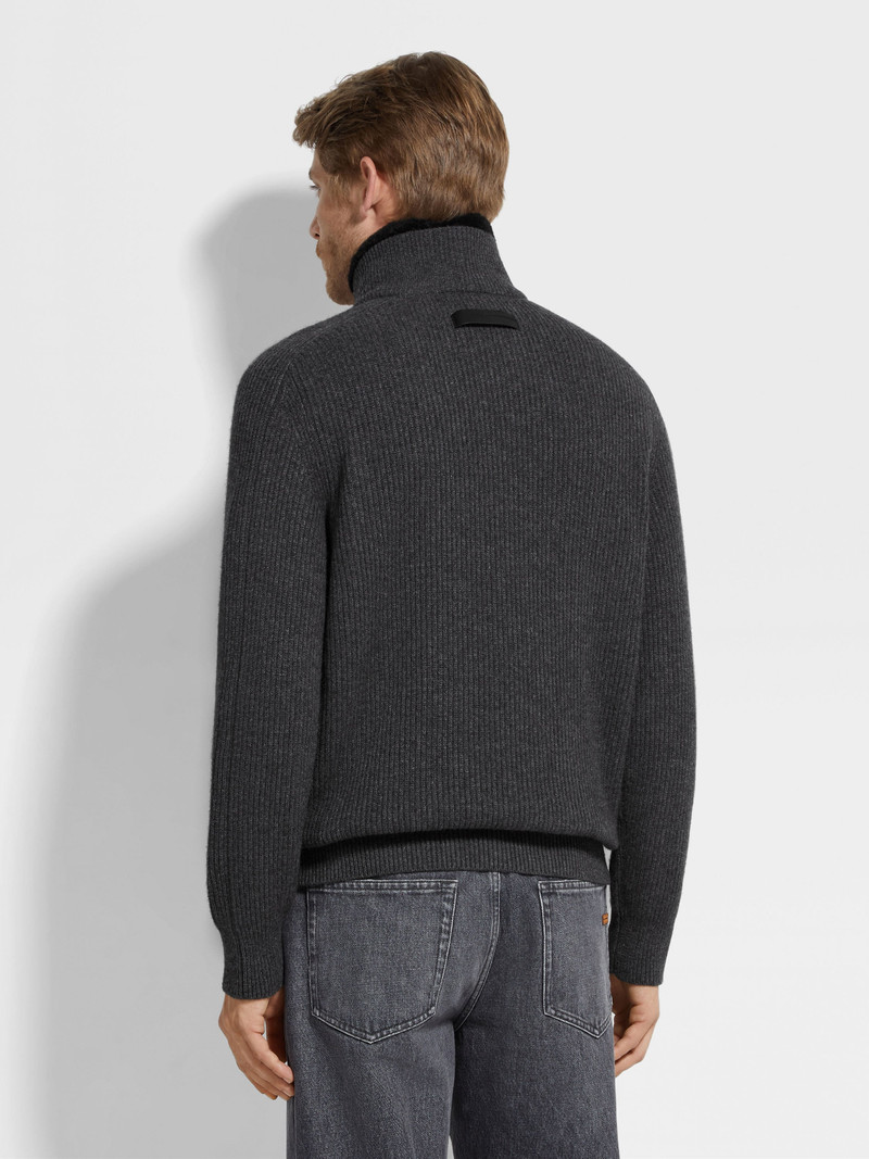 DARK GREY MÉLANGE OASI CASHMERE ZIP MOCK NECK SWEATER 5