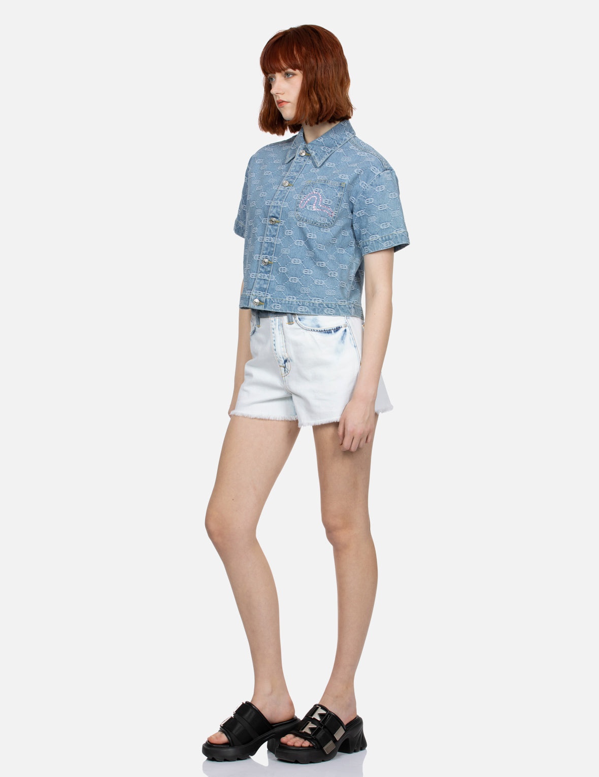 ALLOVER LOGO JACQUARD AND RHINESTONE SEAGULL FASHION FIT DENIM SHIRT - 3